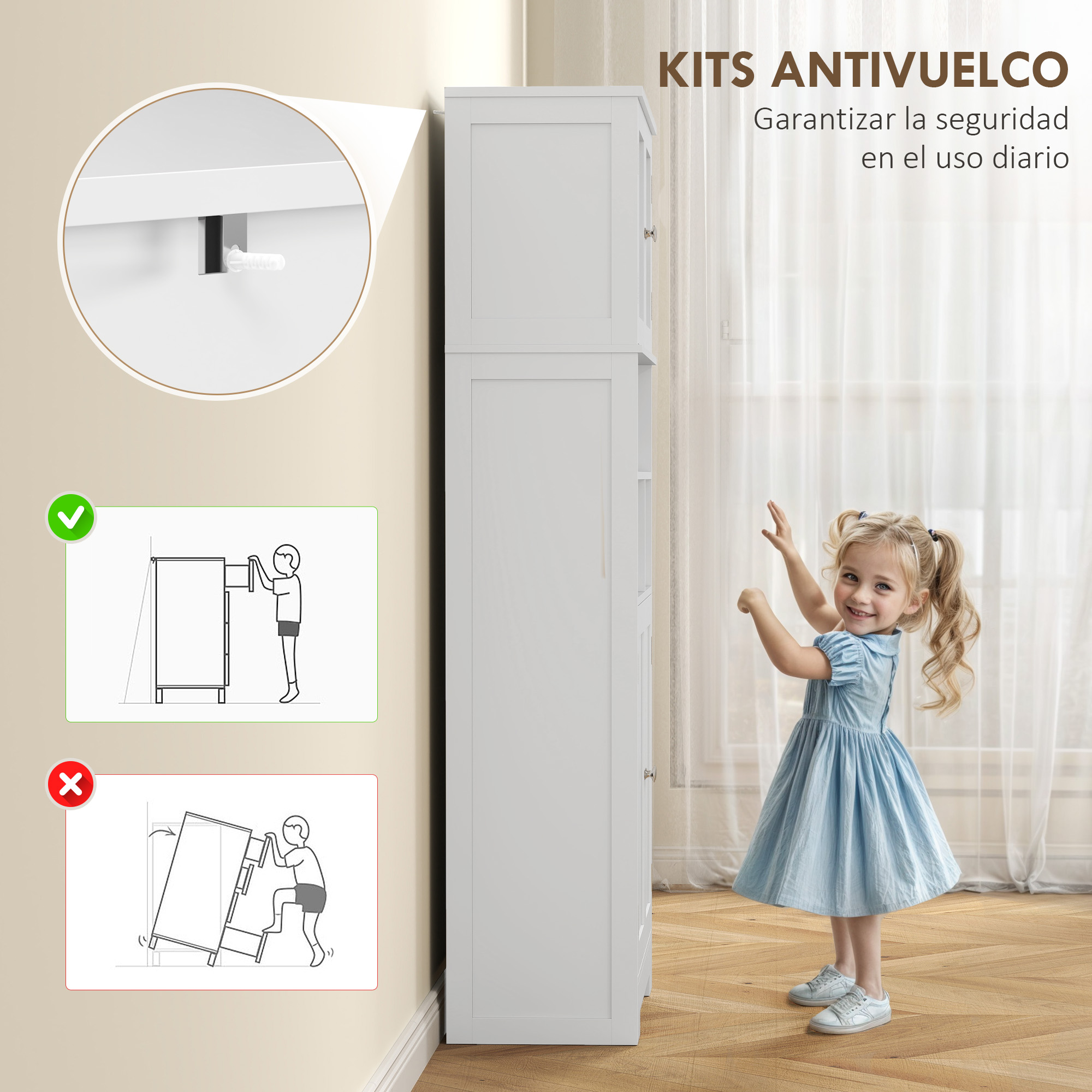 Un armario blanco con kit antivuelco. Un niño baila delante.