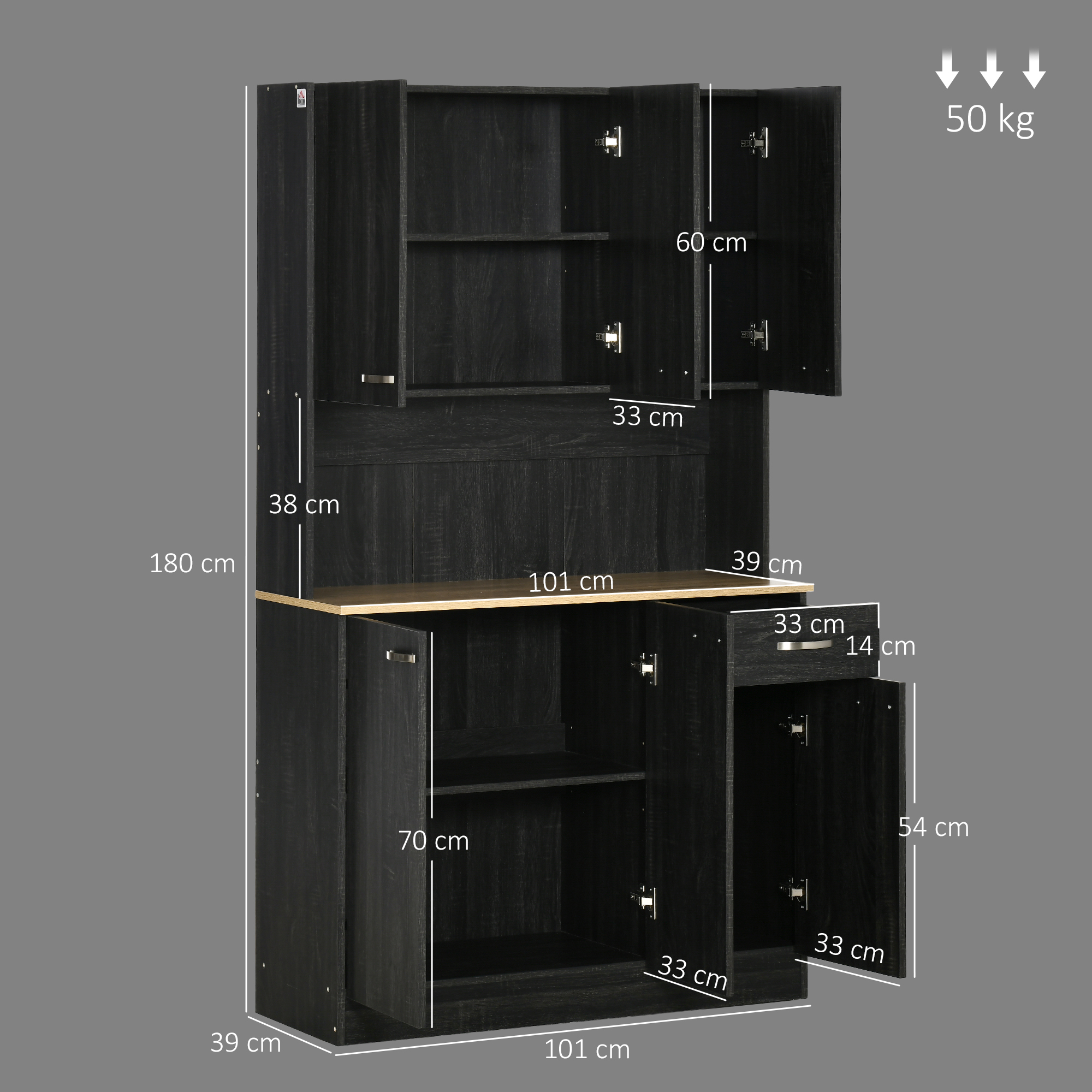 Gabinete negro con dimensiones, abierto con estantes y cajones.
