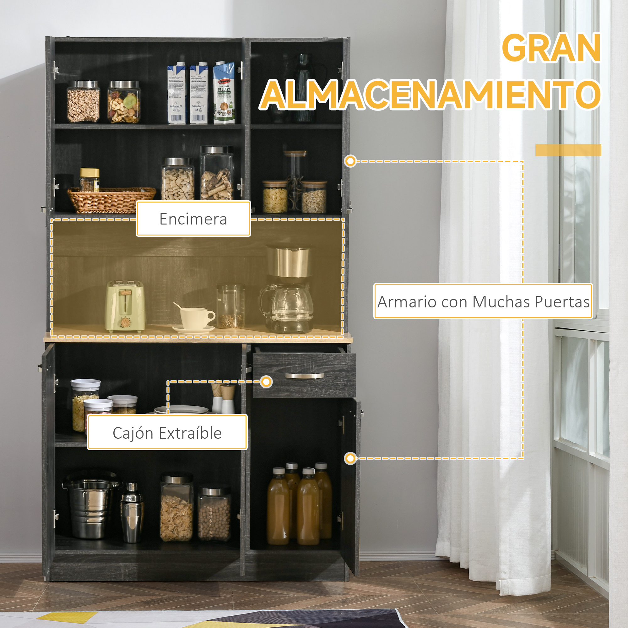 Armario alto gris oscuro con muchos estantes y cajones, lleno de artículos de despensa.