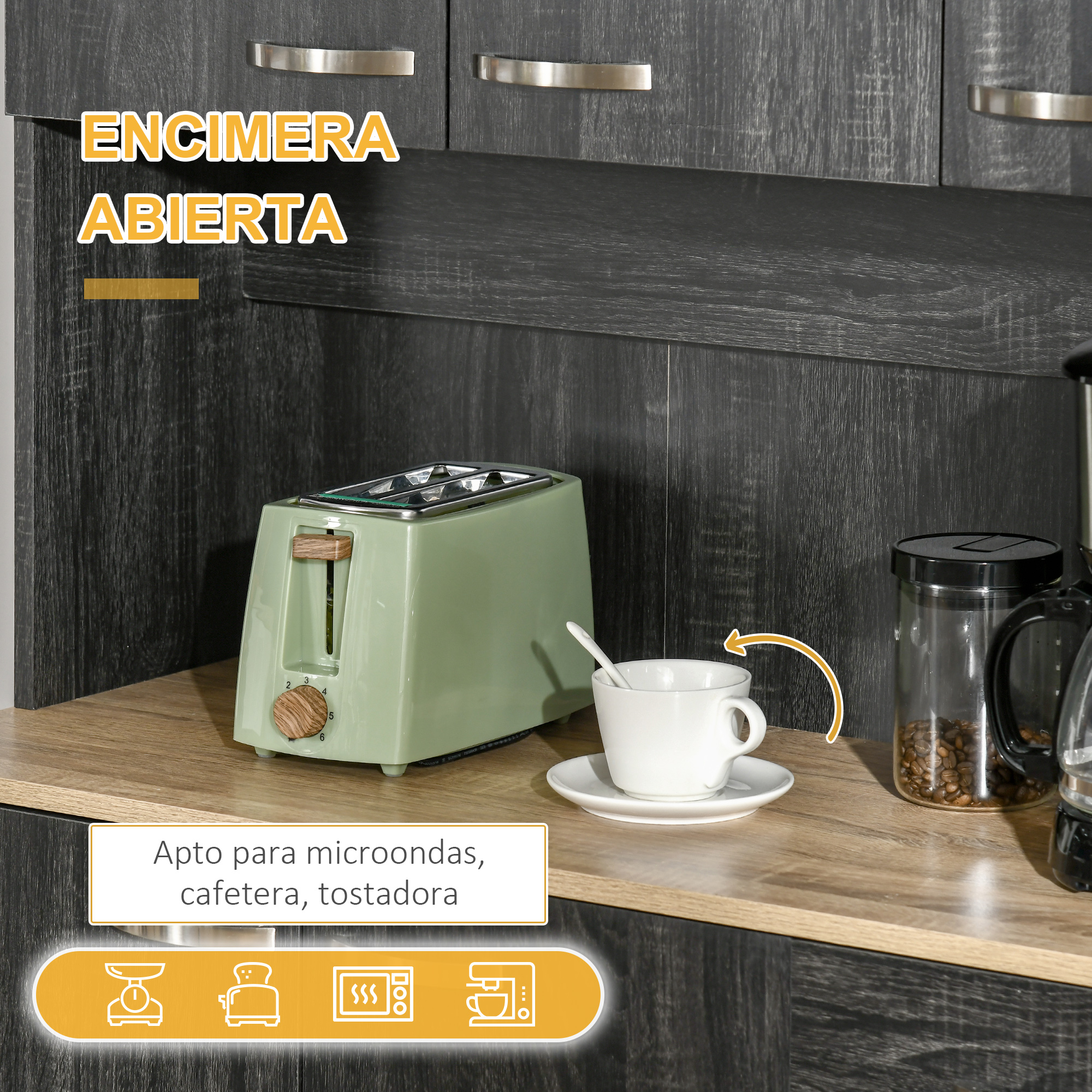 Una tostadora verde junto a una taza de café y granos de café.