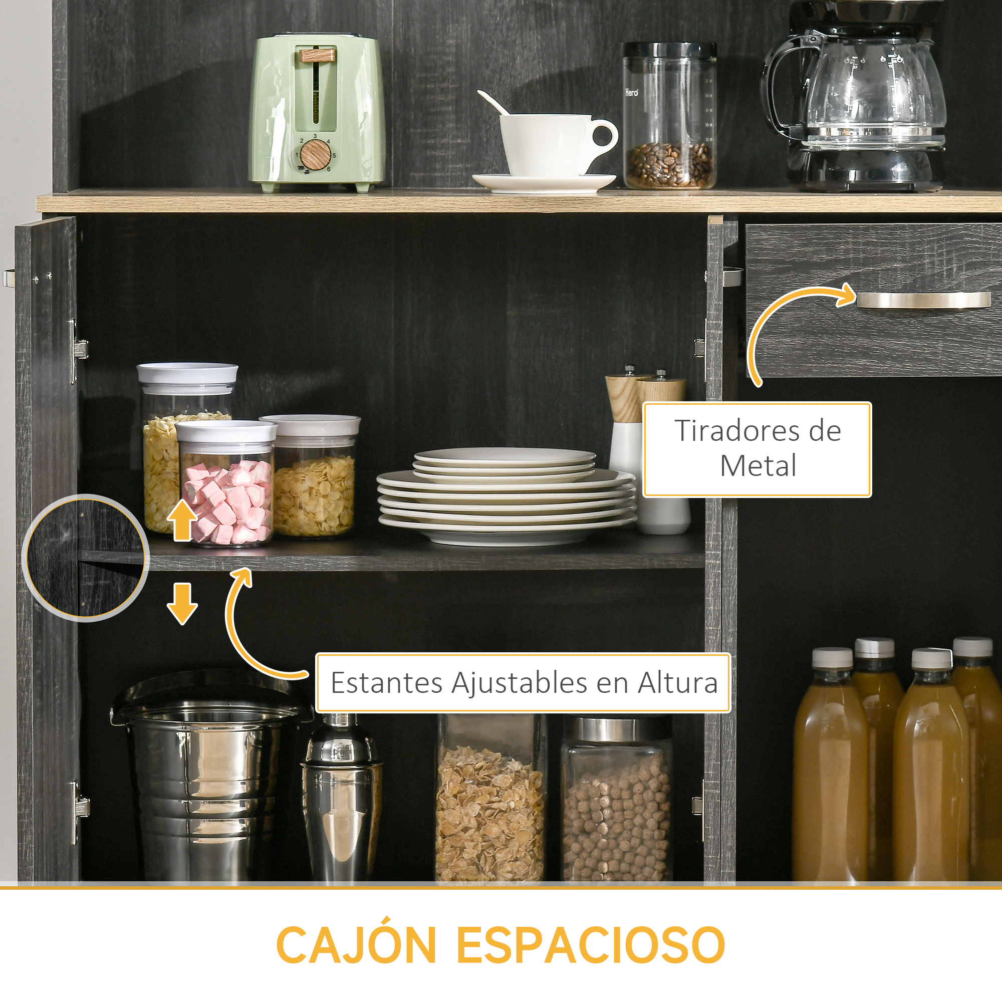 Armario de cocina con tostadora, cafetera, frascos, platos y botellas.