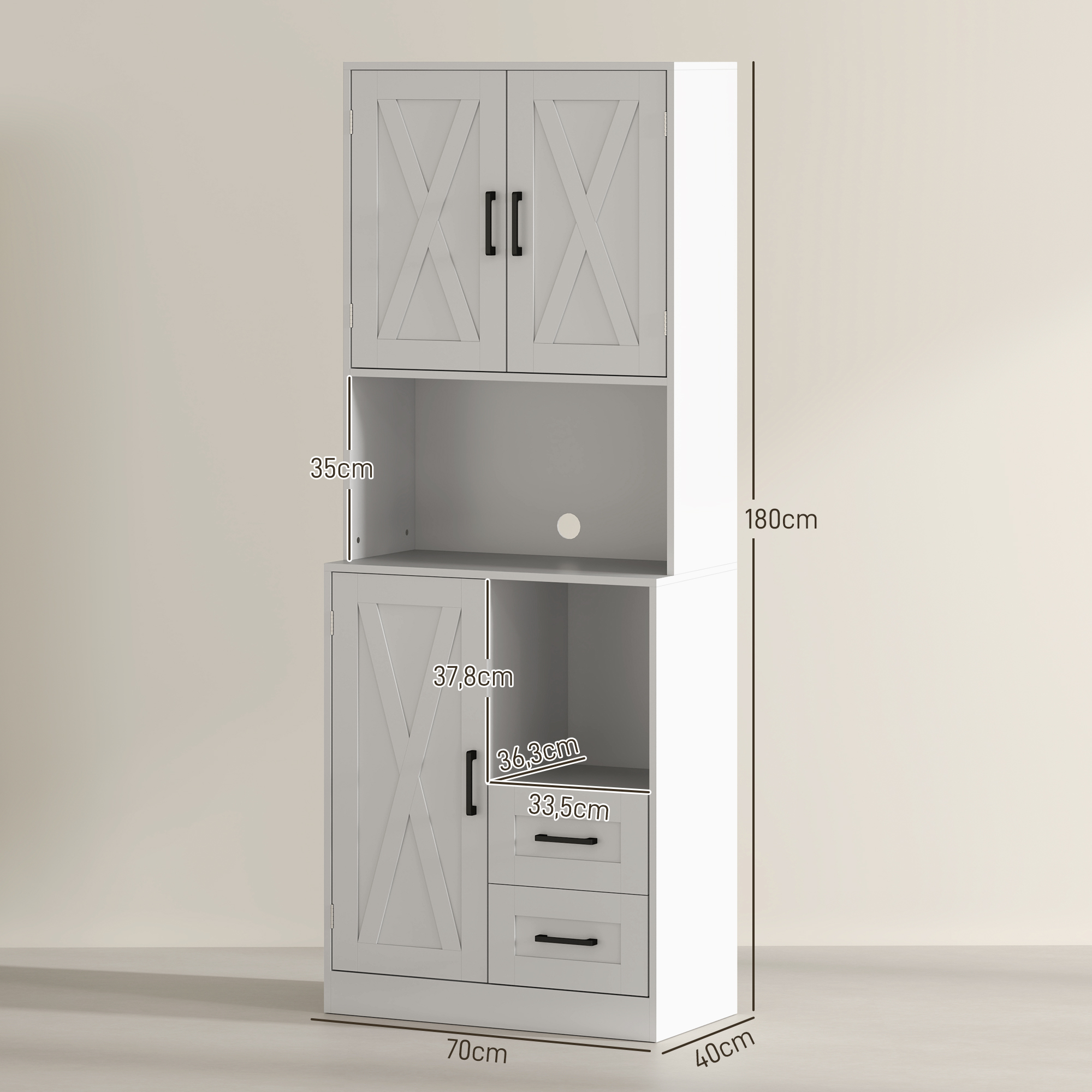 Un mueble alto blanco con dos puertas arriba, un estante abierto y dos cajones abajo.