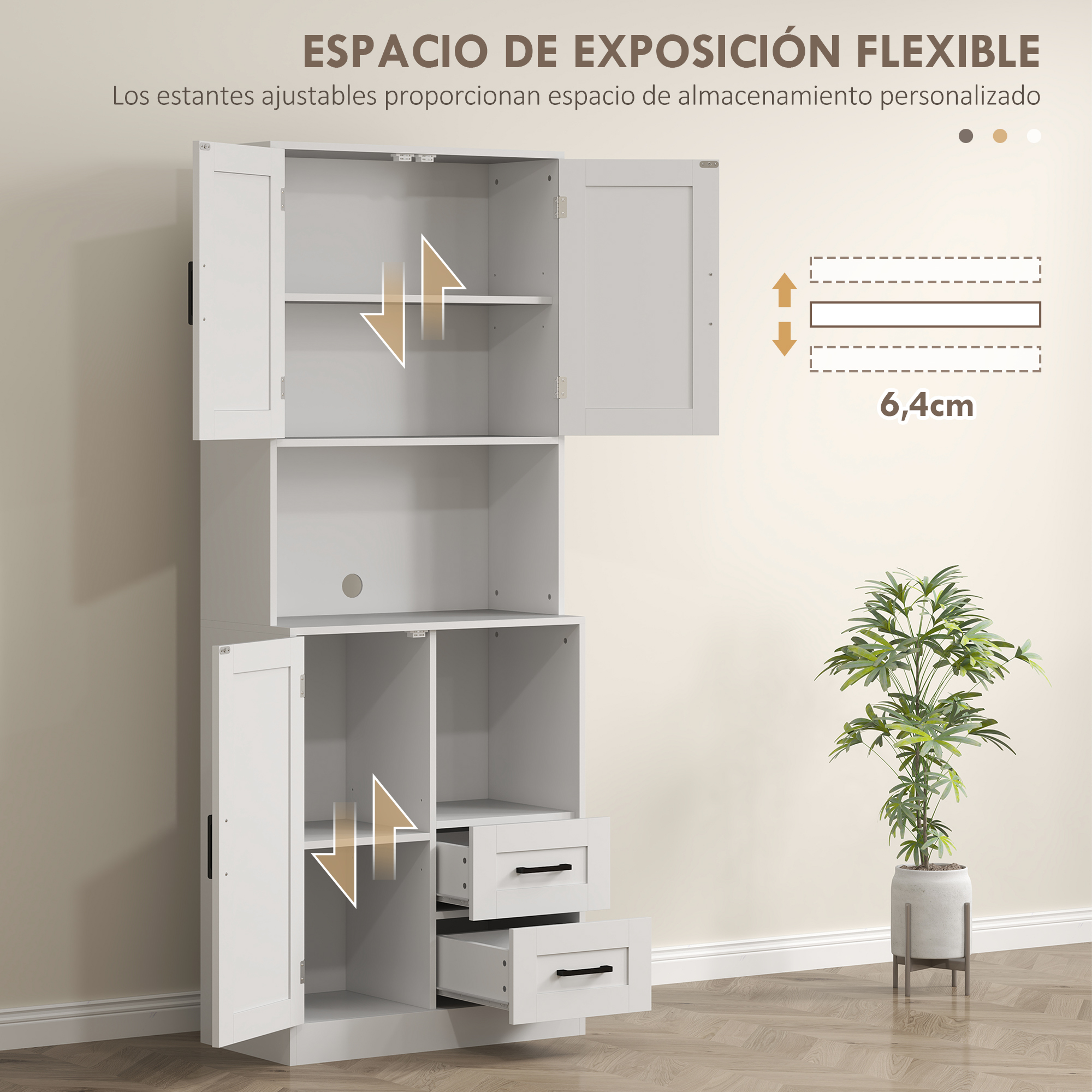 Un armario blanco con puertas abiertas, cajones y estantes. Una planta verde en maceta al lado.