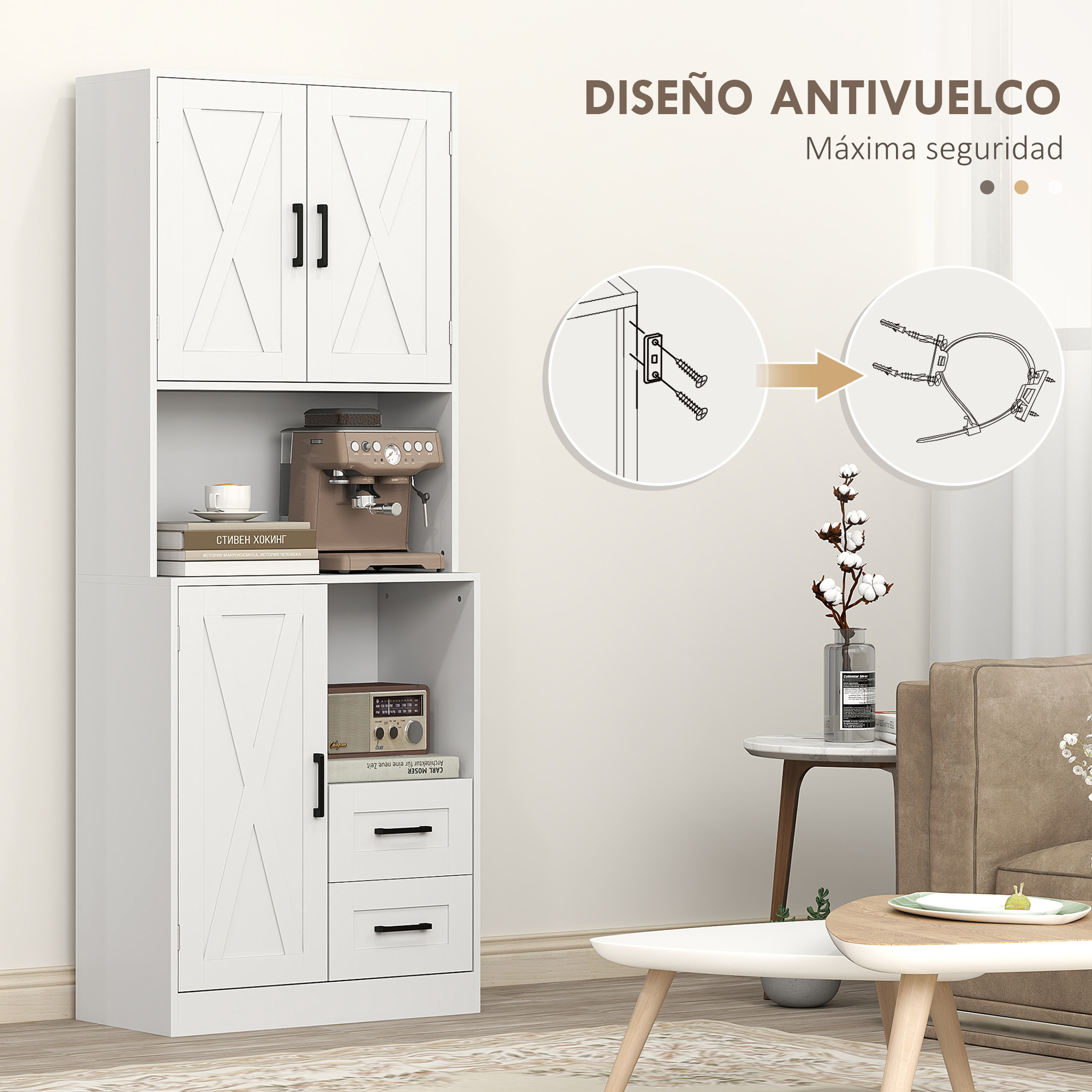 Armario blanco con cafetera, libros, radio. Diseño antivuelco mostrado.