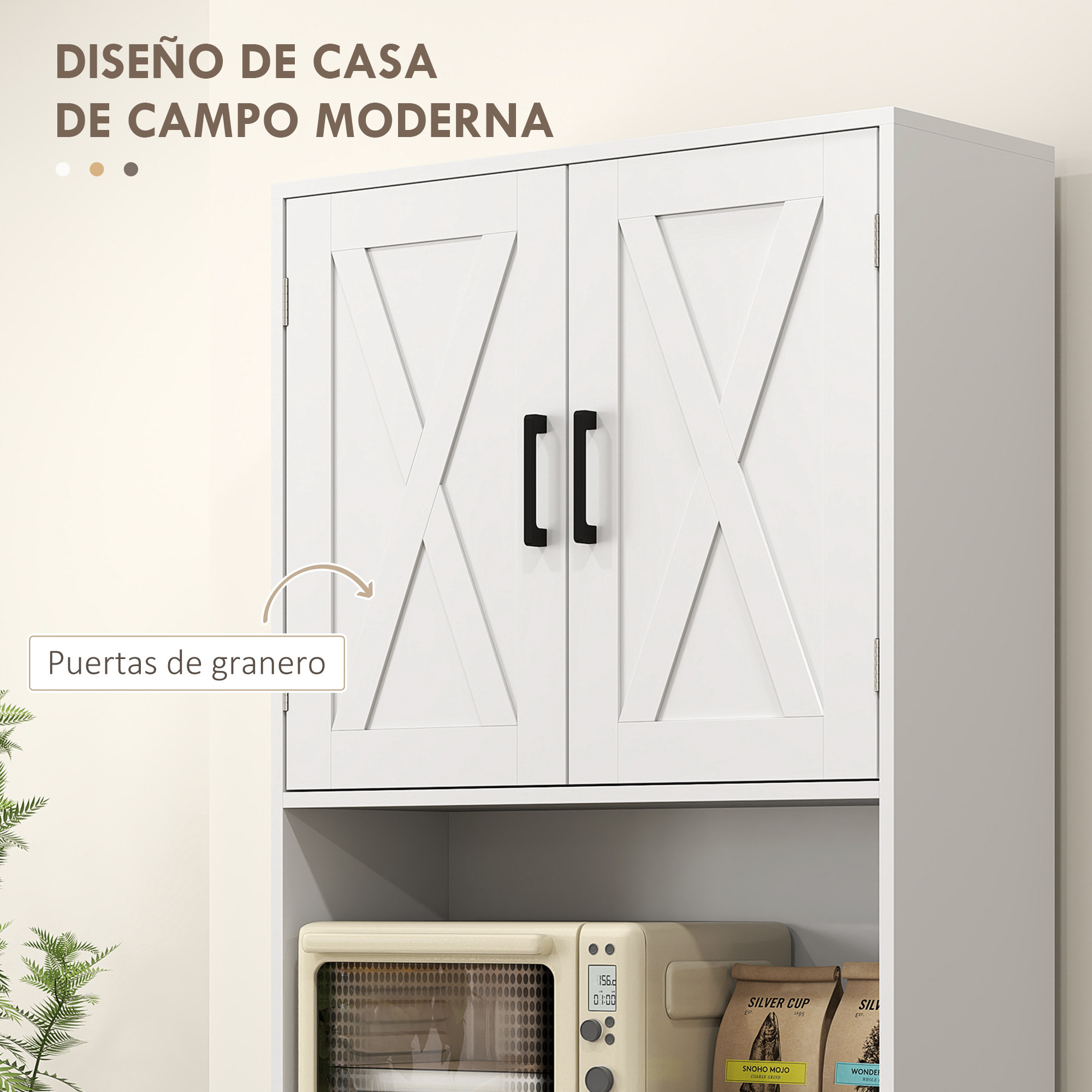 Puertas de armario blancas con diseño X, tiradores negros, microondas y bolsas café.