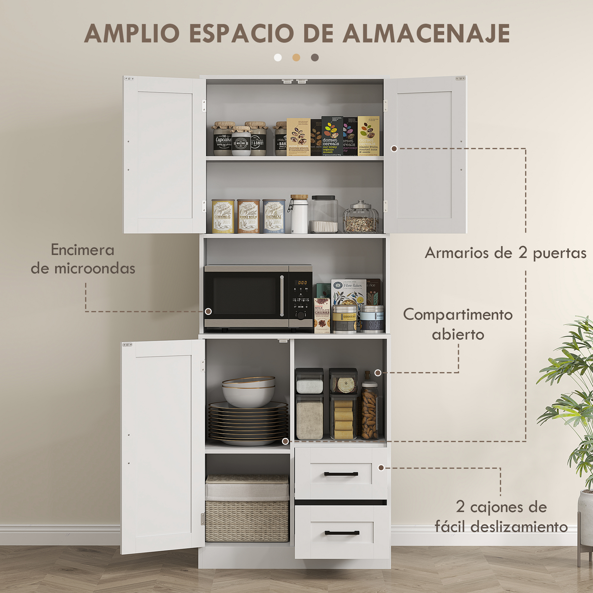 Un armario de cocina blanco con puertas abiertas, lleno de comida, microondas y platos.