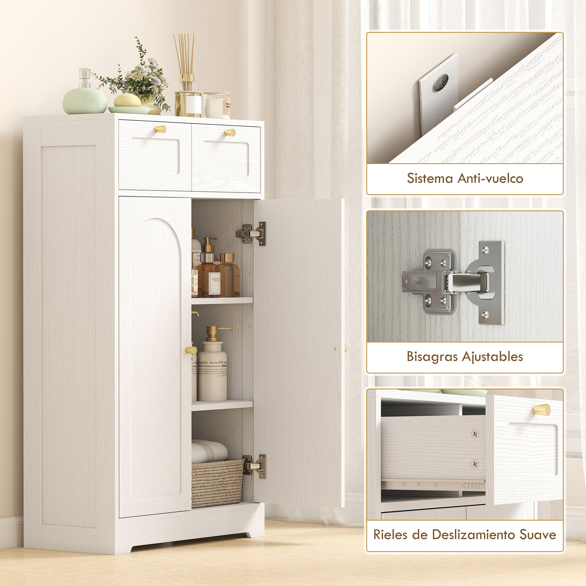 Armario de baño blanco con puertas abiertas, estantes y cajones. Artículos decorativos arriba.