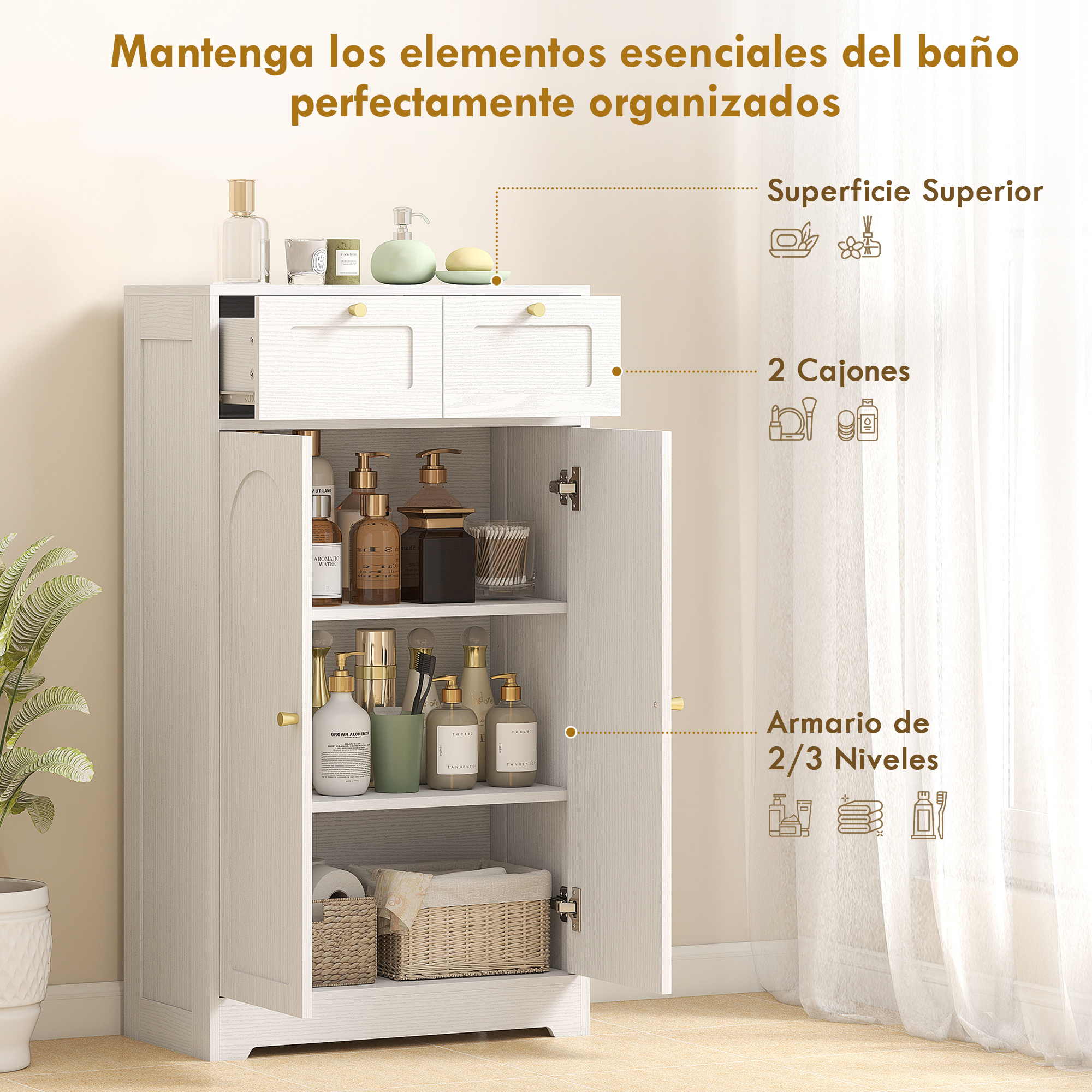 Un mueble de baño blanco con puertas abiertas, lleno de botellas y cestas.