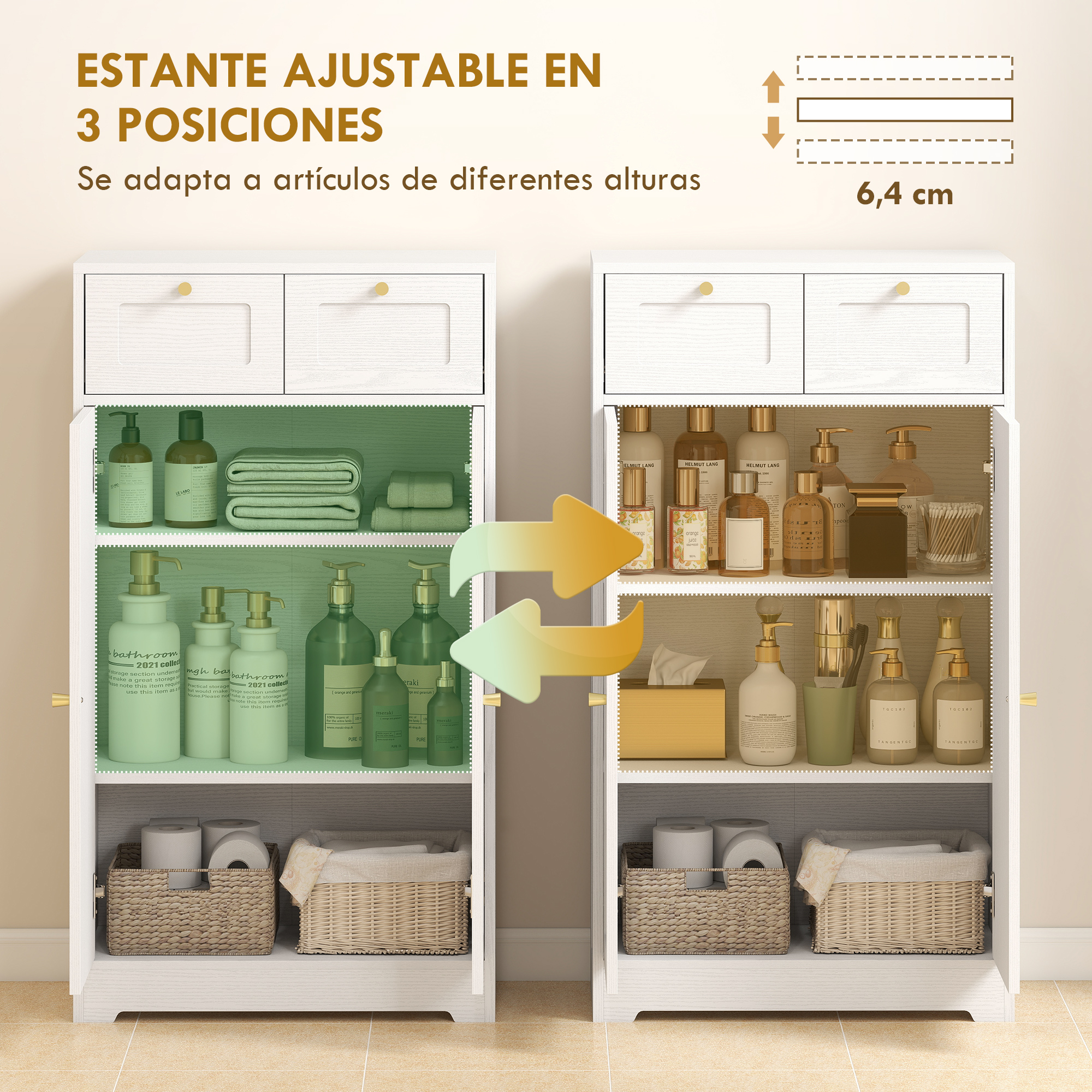 Un estante blanco de tres niveles con artículos de baño y cestas.