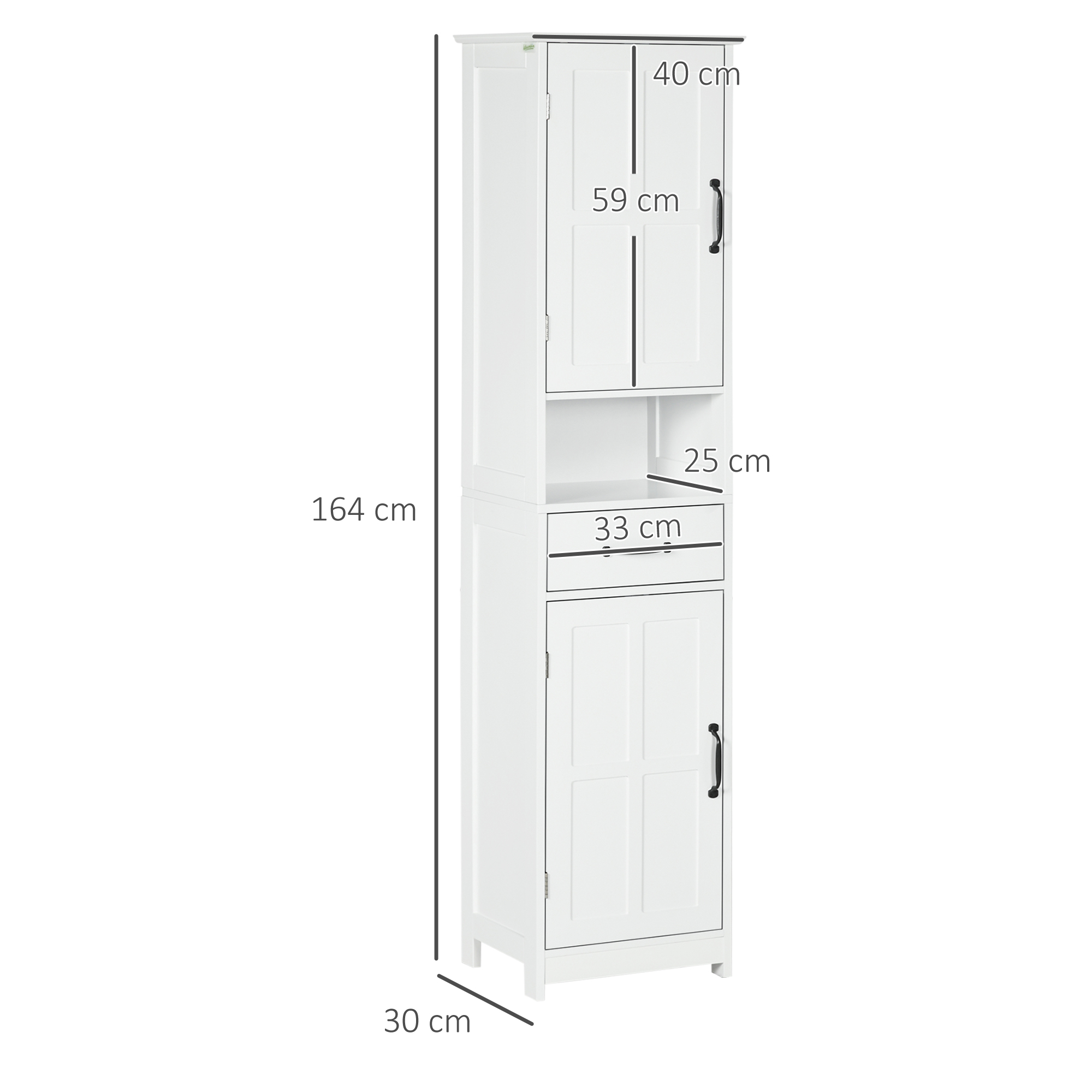 Un armario alto y blanco con puertas, cajones y estantes. Se muestran las dimensiones.