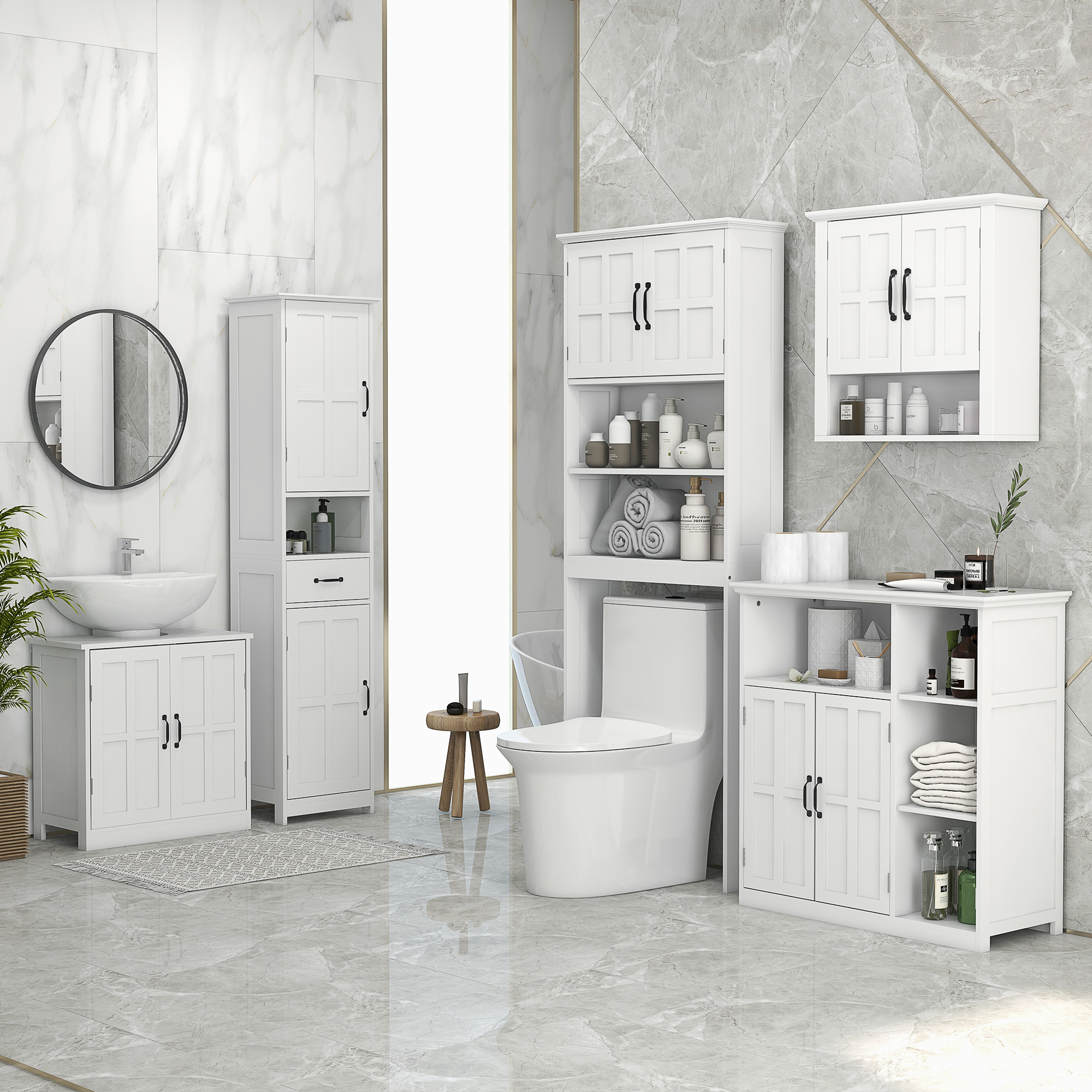 Un baño blanco con baldosas de mármol, un inodoro, armarios y un lavabo.