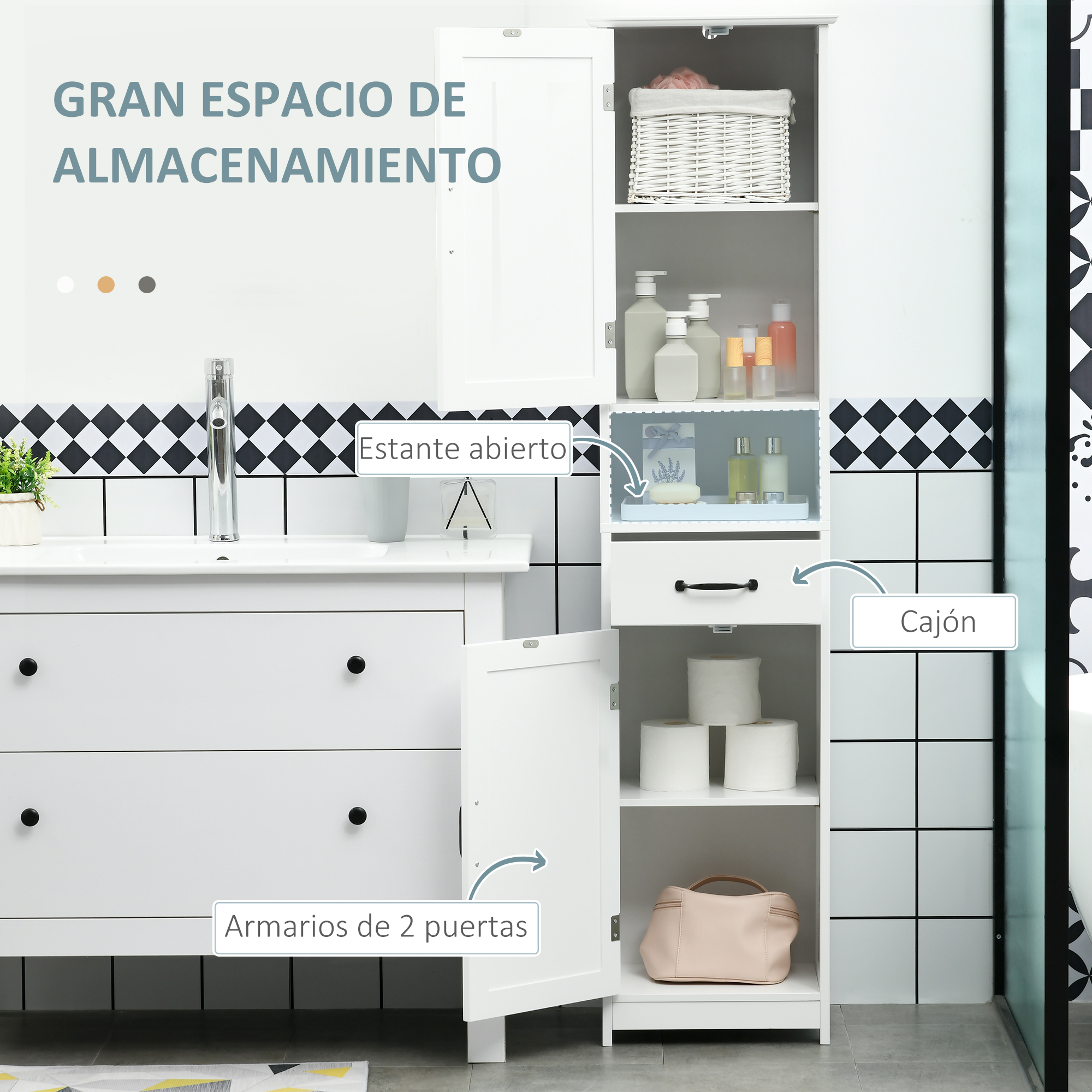 Un mueble de baño blanco con estantes abiertos y cerrados, lleno de papel higiénico y artículos de tocador.