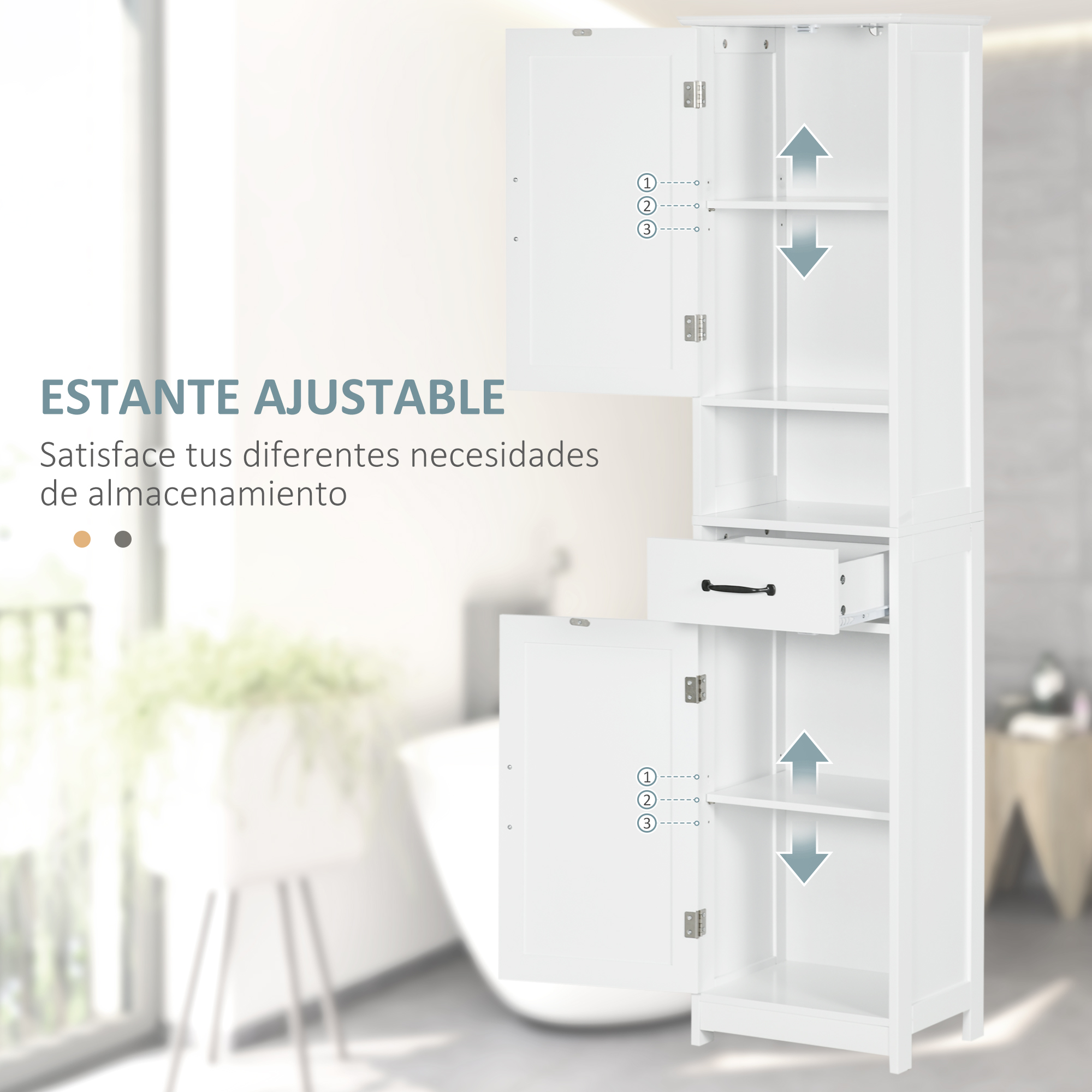 Un armario blanco con puertas abiertas revela estantes ajustables y un cajón.