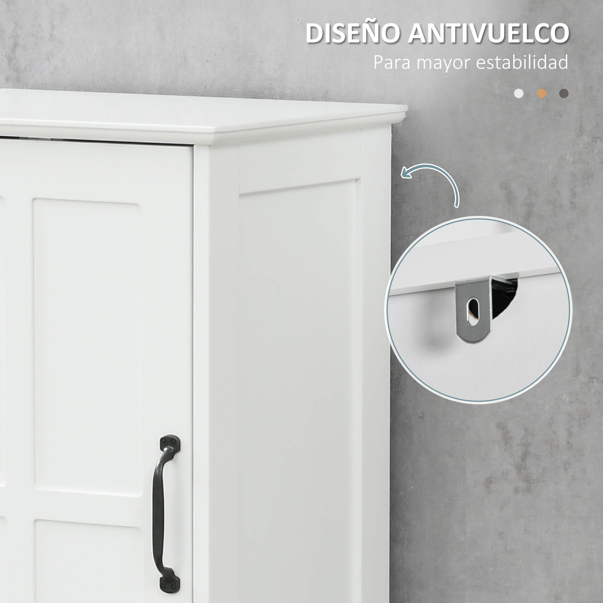Armario blanco con tirador negro, detalle de diseño antivuelco.
