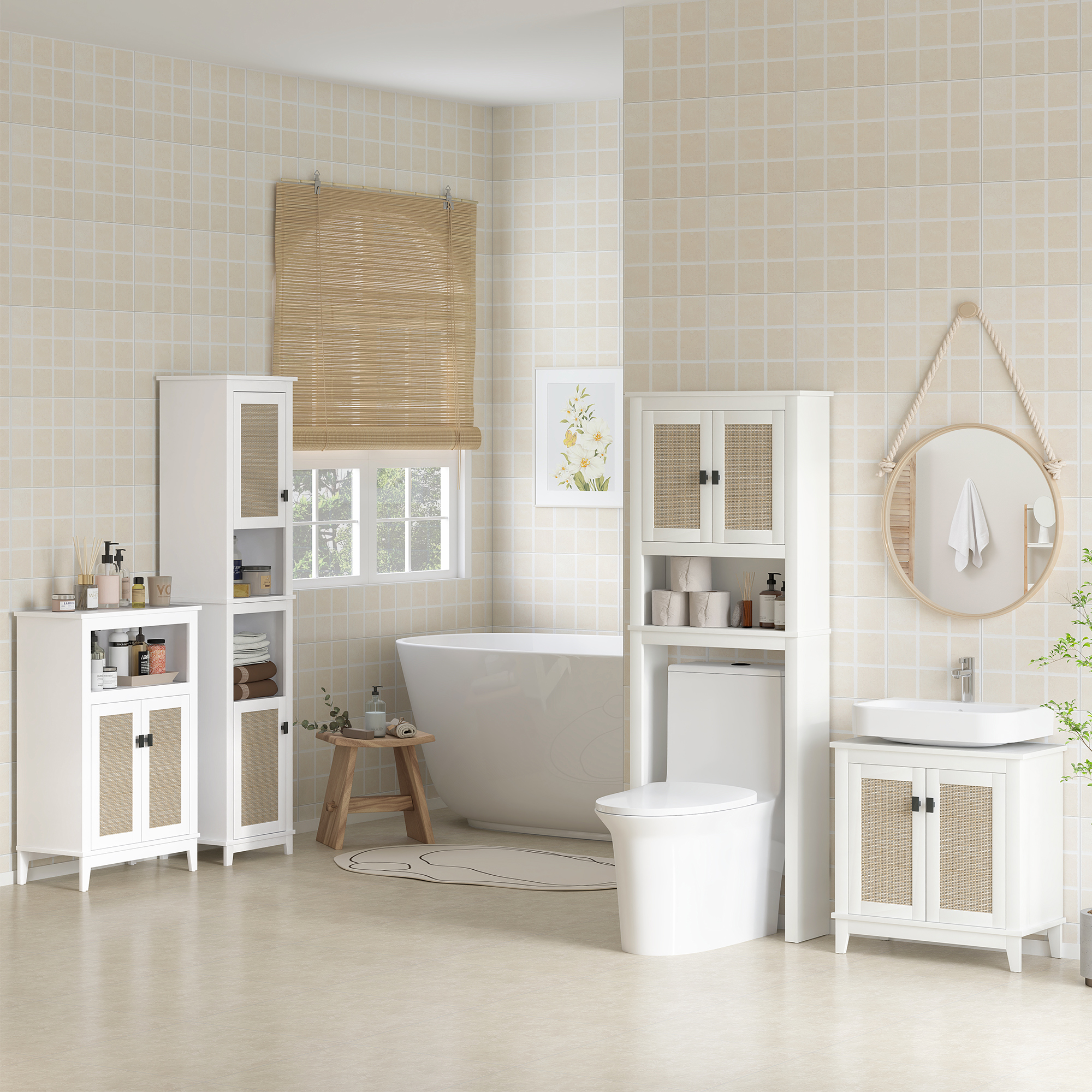 Un baño blanco con bañera, inodoro, lavabo y armarios.