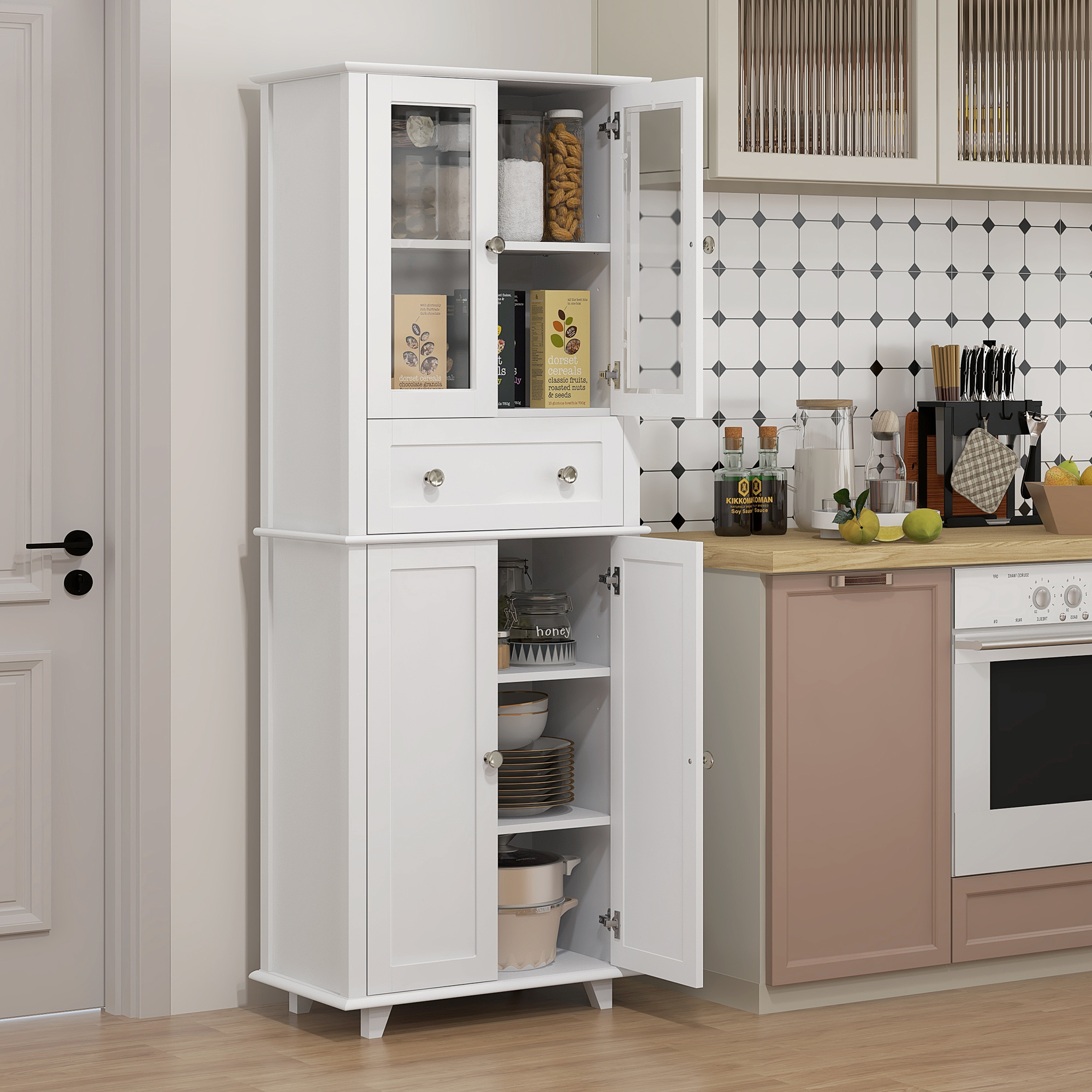Un armario de cocina blanco con puertas de cristal, lleno de comida y platos.