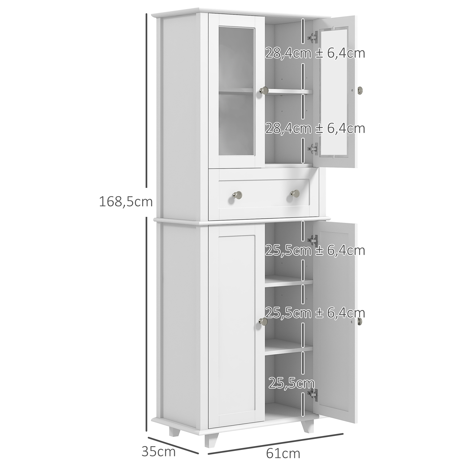 Un mueble alto blanco con puertas de cristal arriba y puertas de madera abajo.