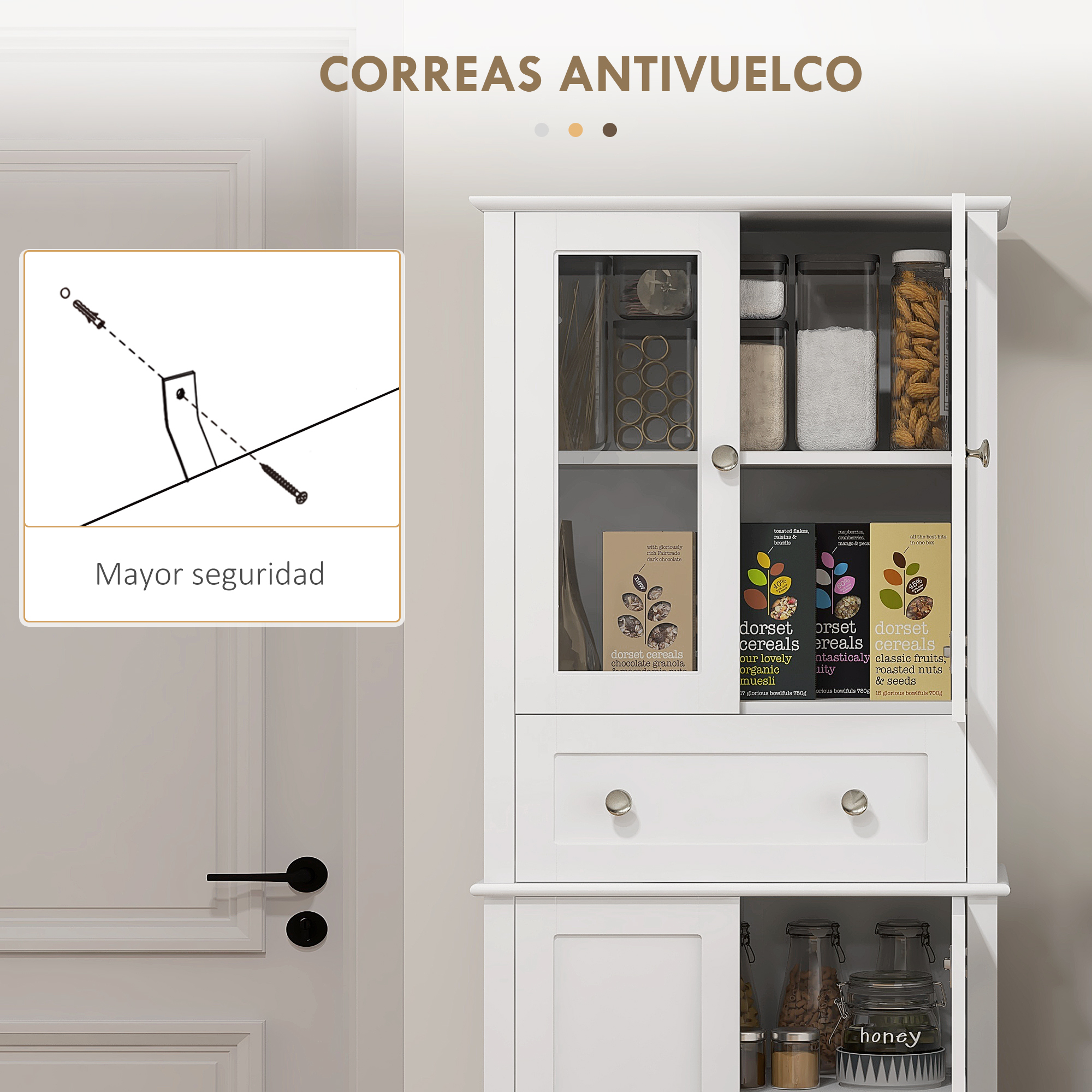Un armario blanco con puertas de cristal, cajones y estantes con alimentos.