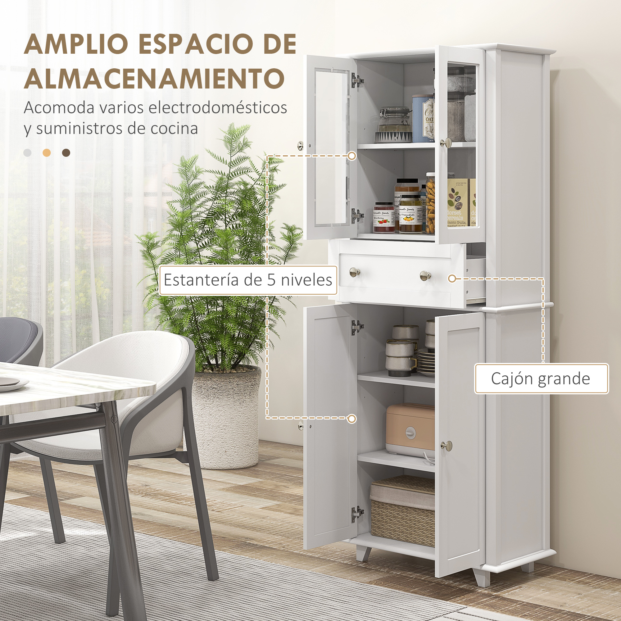 Un armario de cocina blanco con puertas de cristal, lleno de tarros y comida.