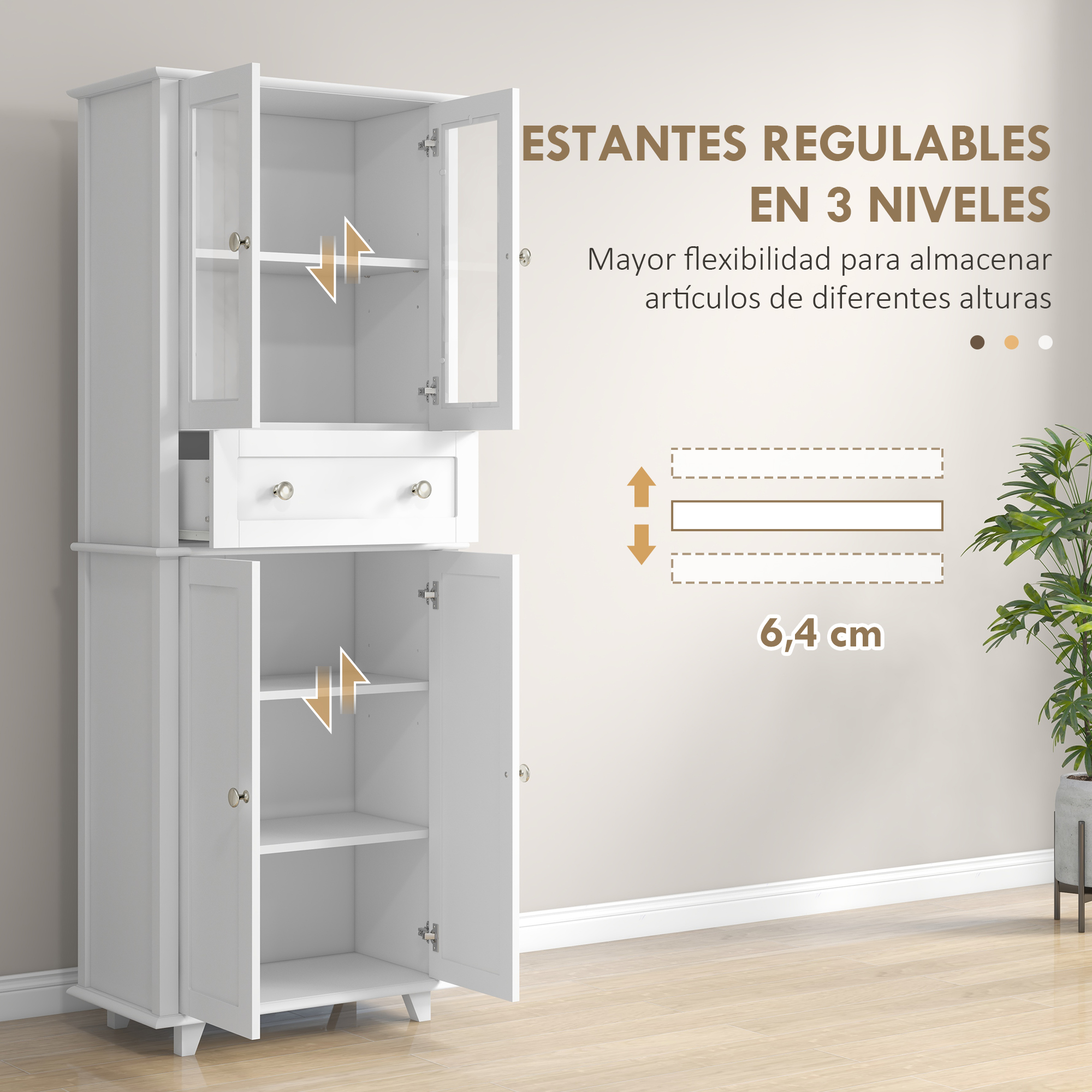 Armario blanco con estantes ajustables y puertas de cristal. Muestra 3 niveles y 6,4 cm.