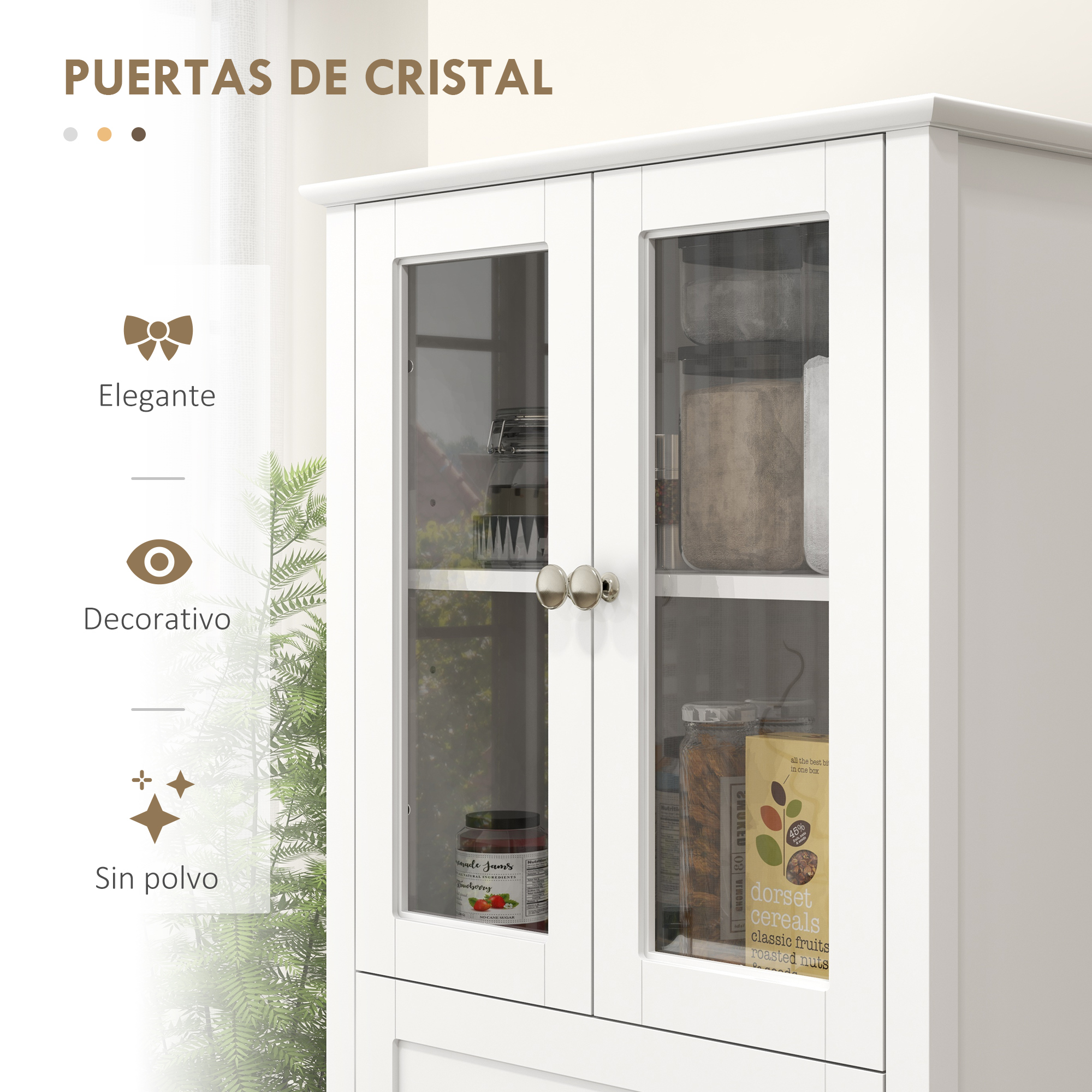 Un armario blanco con puertas de cristal, que contiene mermelada y cereal.