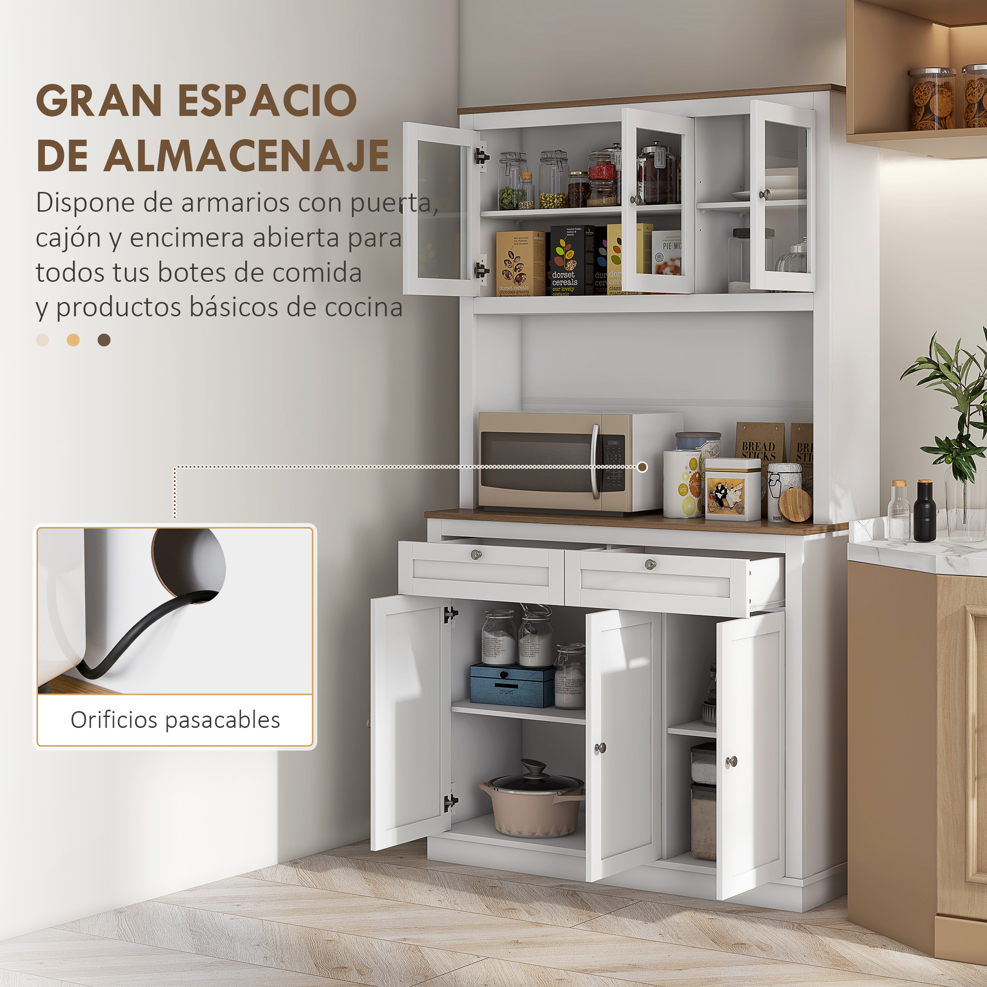 Una alacena blanca de cocina con detalles en madera, llena de comida y vajilla.