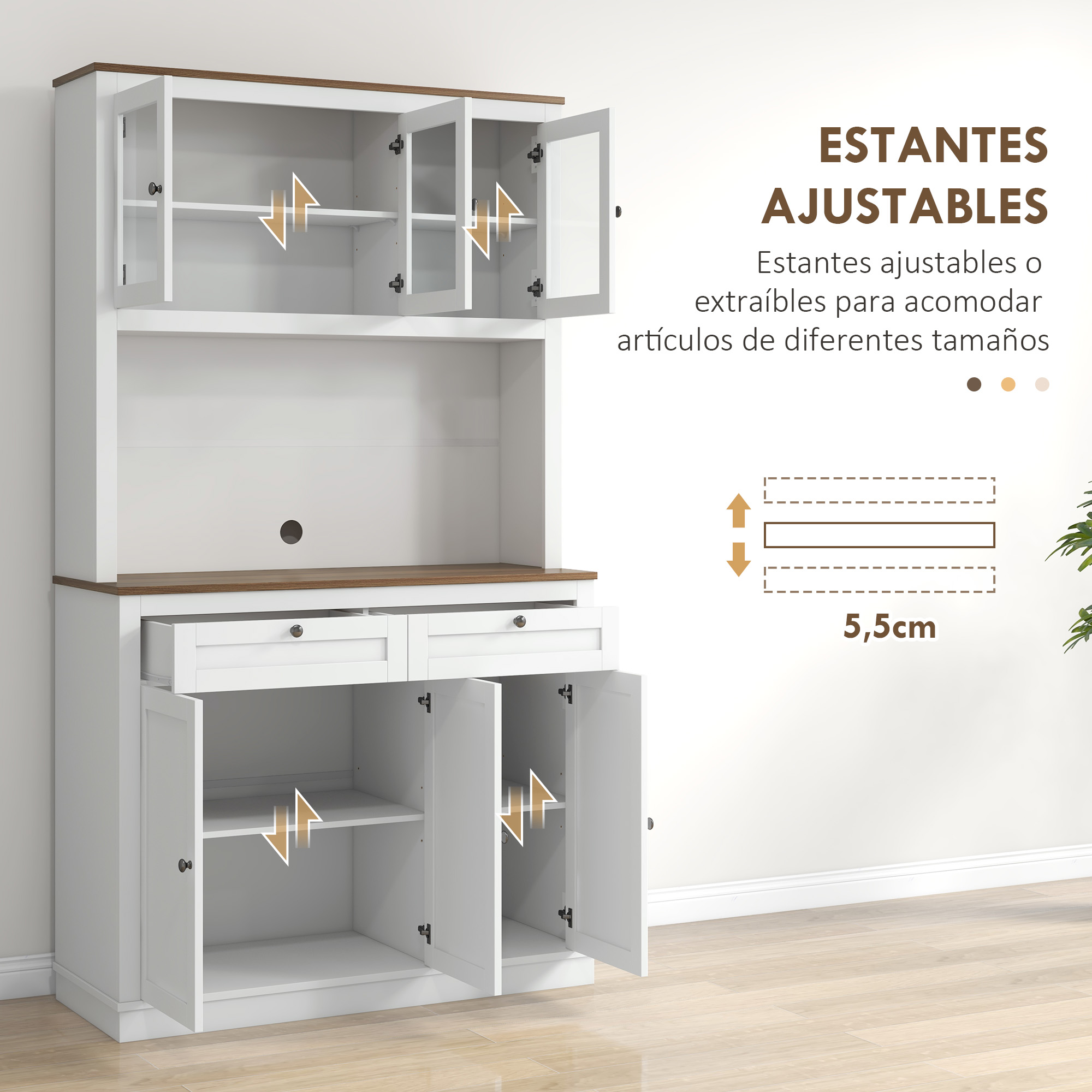 Armario blanco con detalles en madera, estantes ajustables y puertas de cristal.