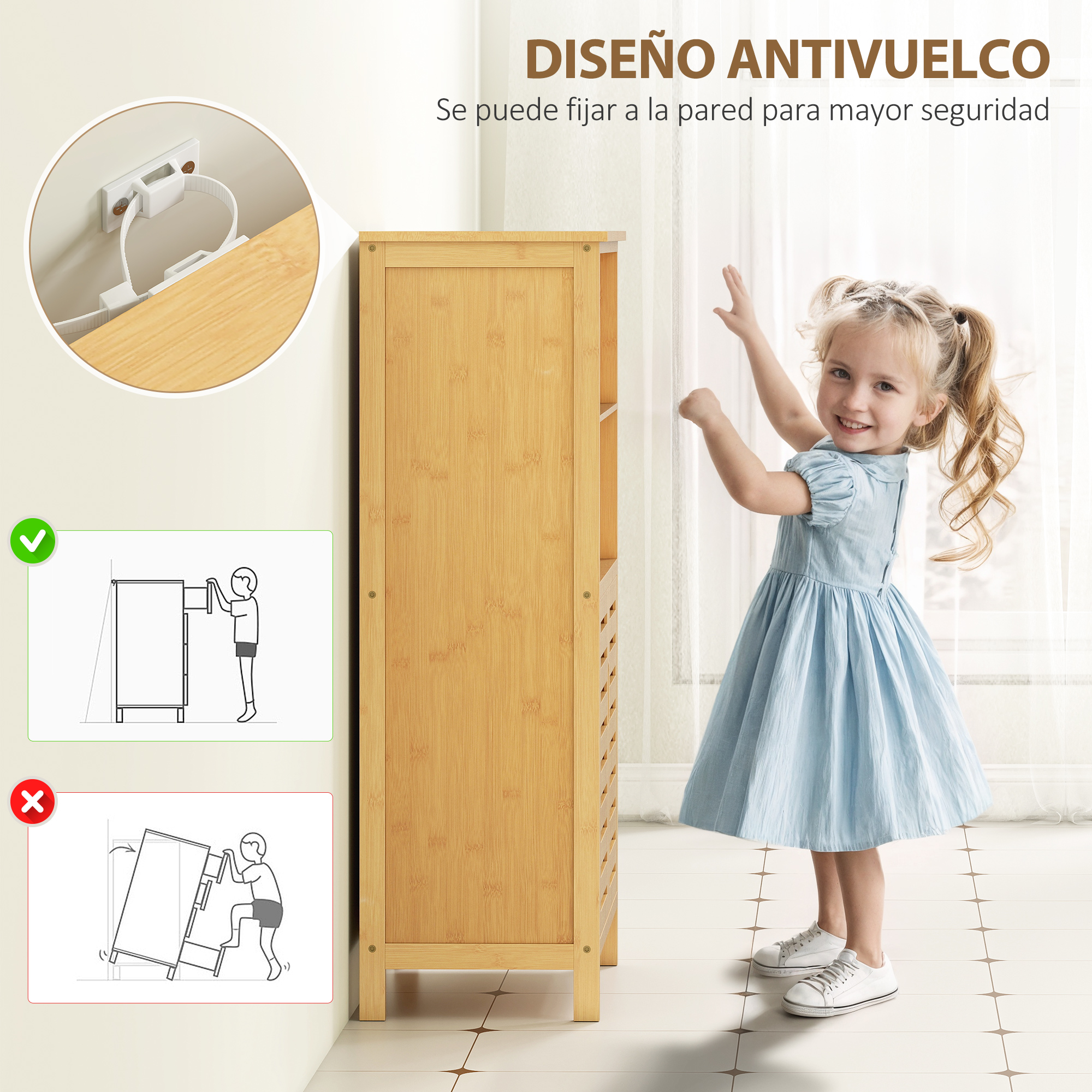 Niña con correa antivuelco en mueble. Ilustraciones de montaje correcto e incorrecto.