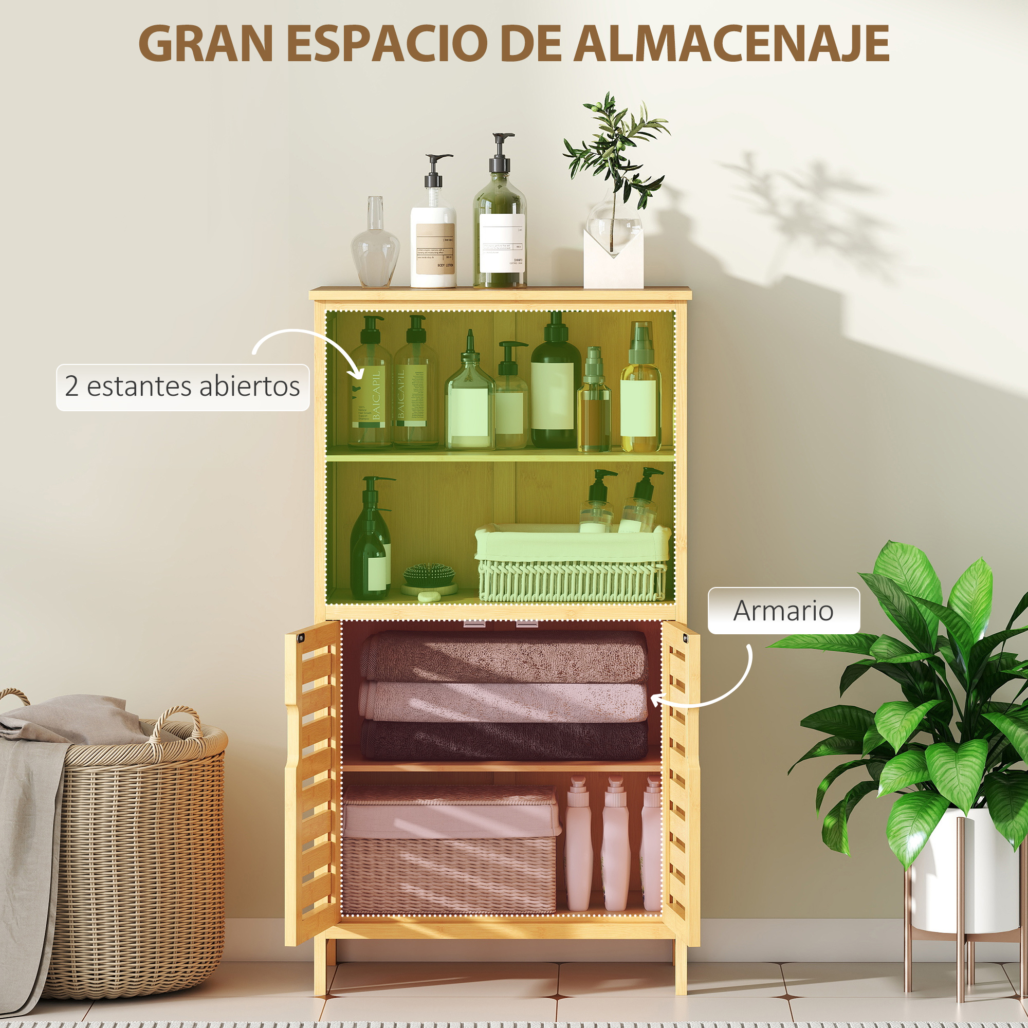 Un armario de madera con estantes abiertos y cerrados, con productos de baño y toallas.
