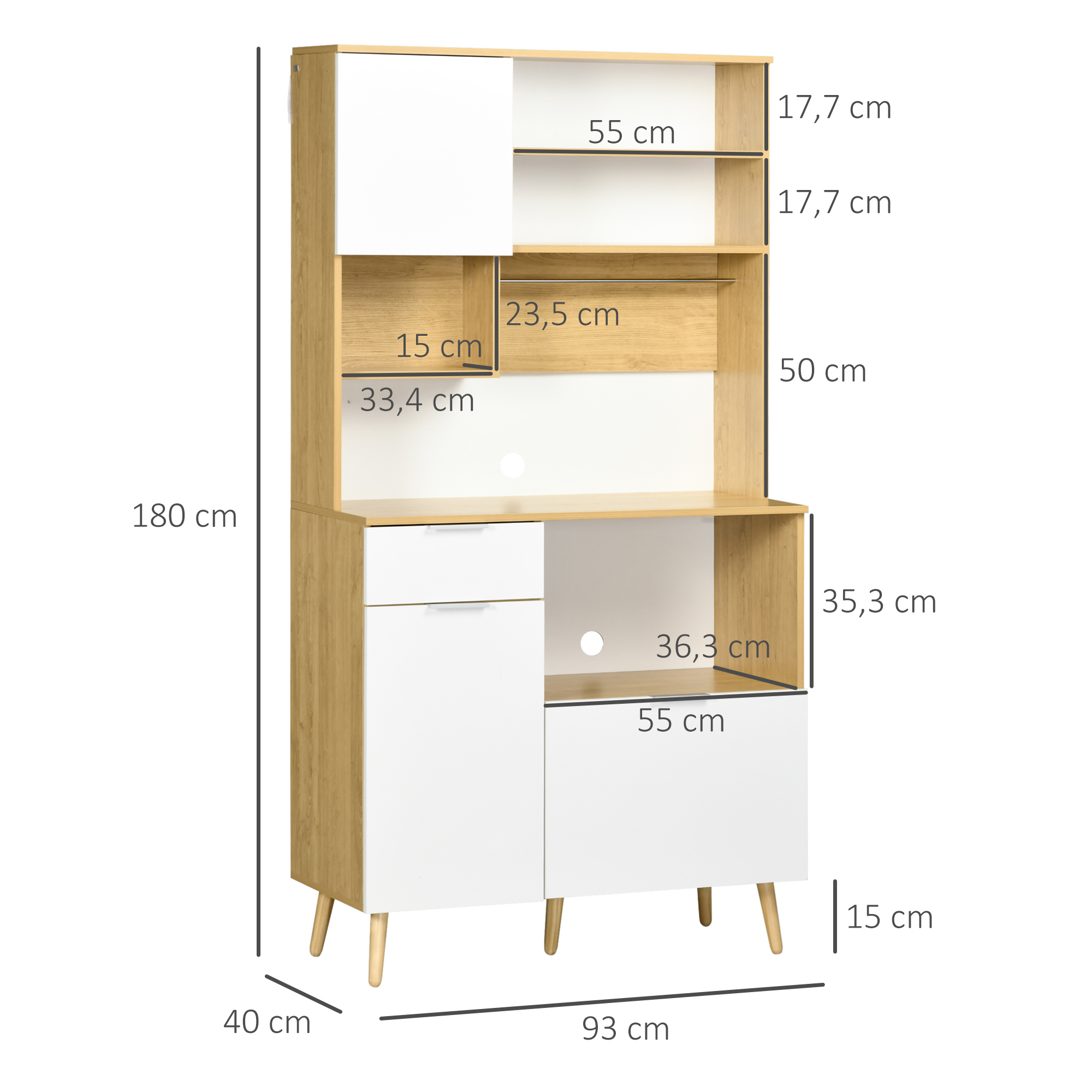 Muebles blancos y de madera con dimensiones. Altura total 180cm, anchura 93cm.