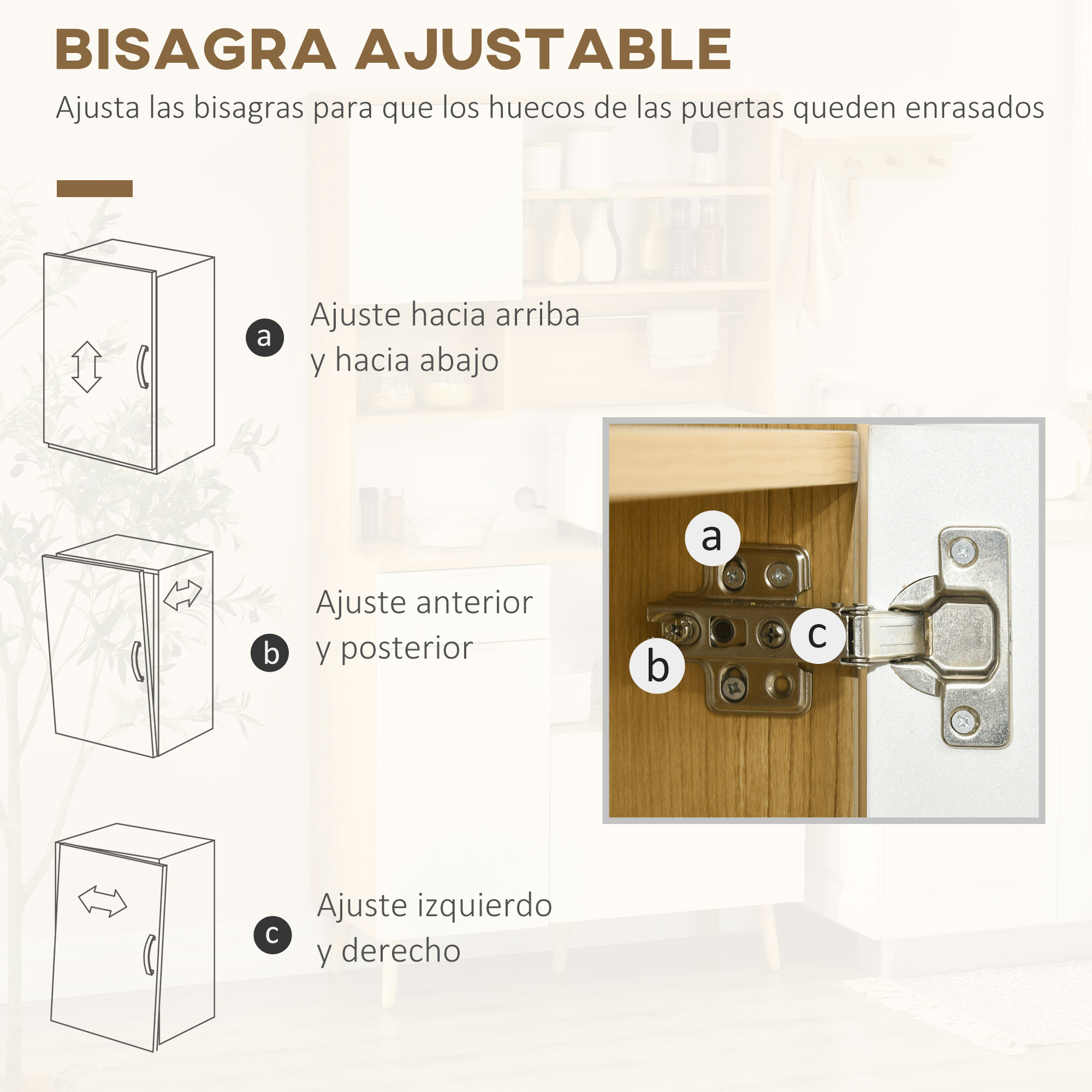 Ilustraciones muestran cómo ajustar bisagras de puerta para altura, profundidad y lado.