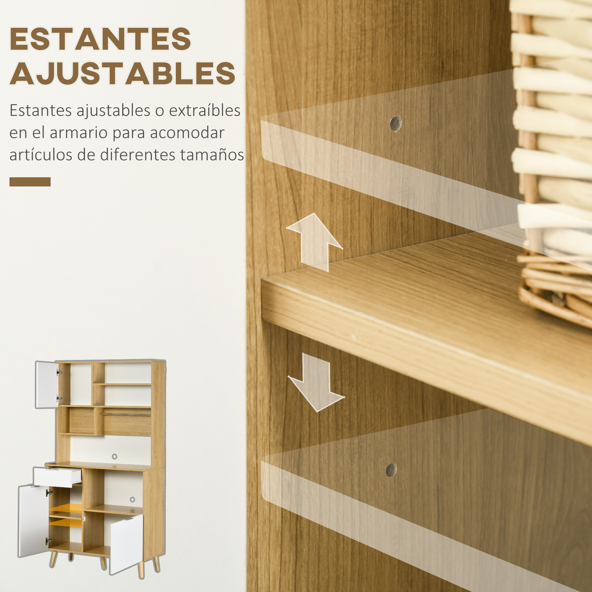 Un armario de madera con estantes ajustables y puertas abiertas. Flechas indican ajuste de altura.