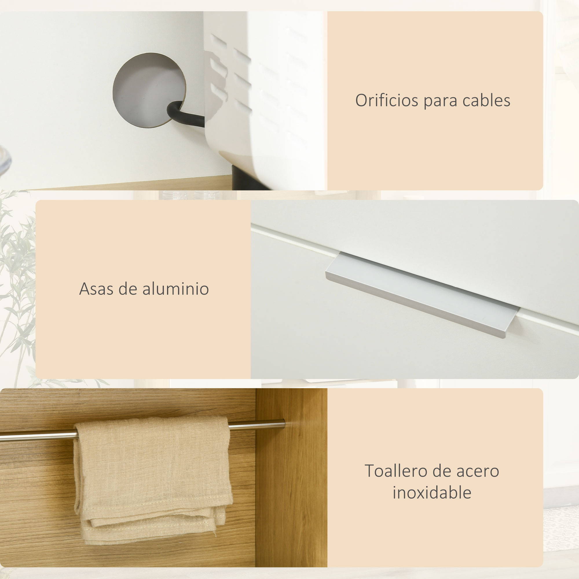 Un aparato blanco con orificio para cables, asa de aluminio y toallero.