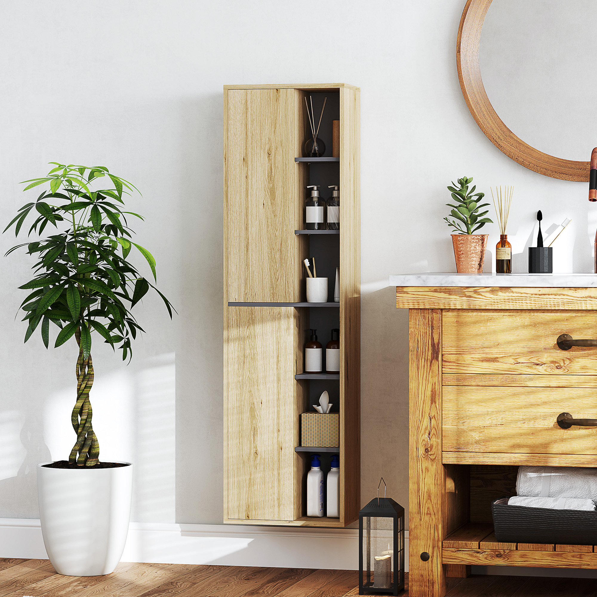 Un baño con armario de madera, espejo y plantas.