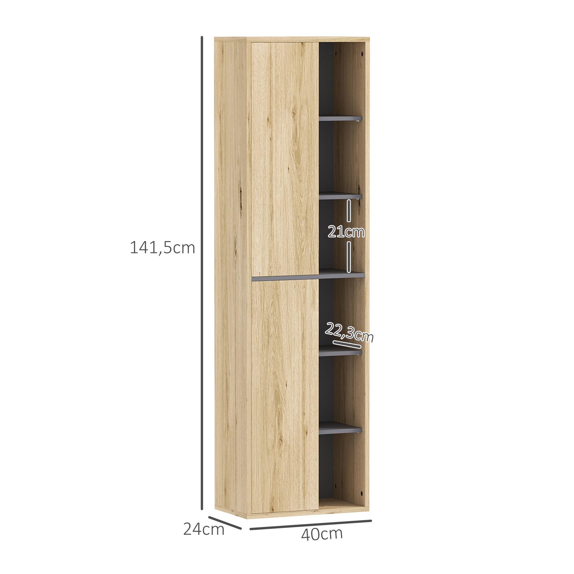 Armario alto y estrecho con acabado veteado de madera, estantes grises y una puerta.