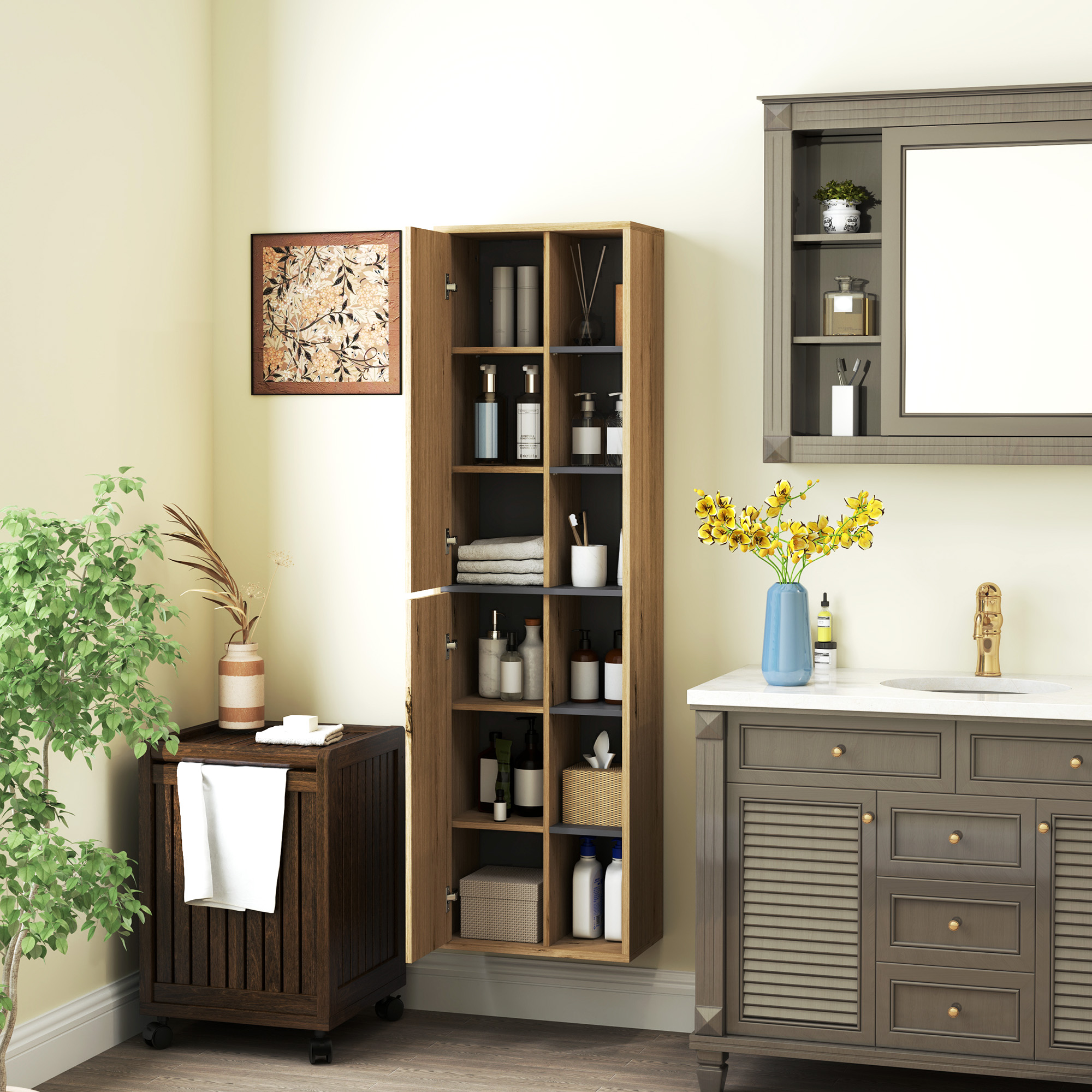 Un baño con mueble de madera, lavabo y espejo. Incluye planta y decoración.