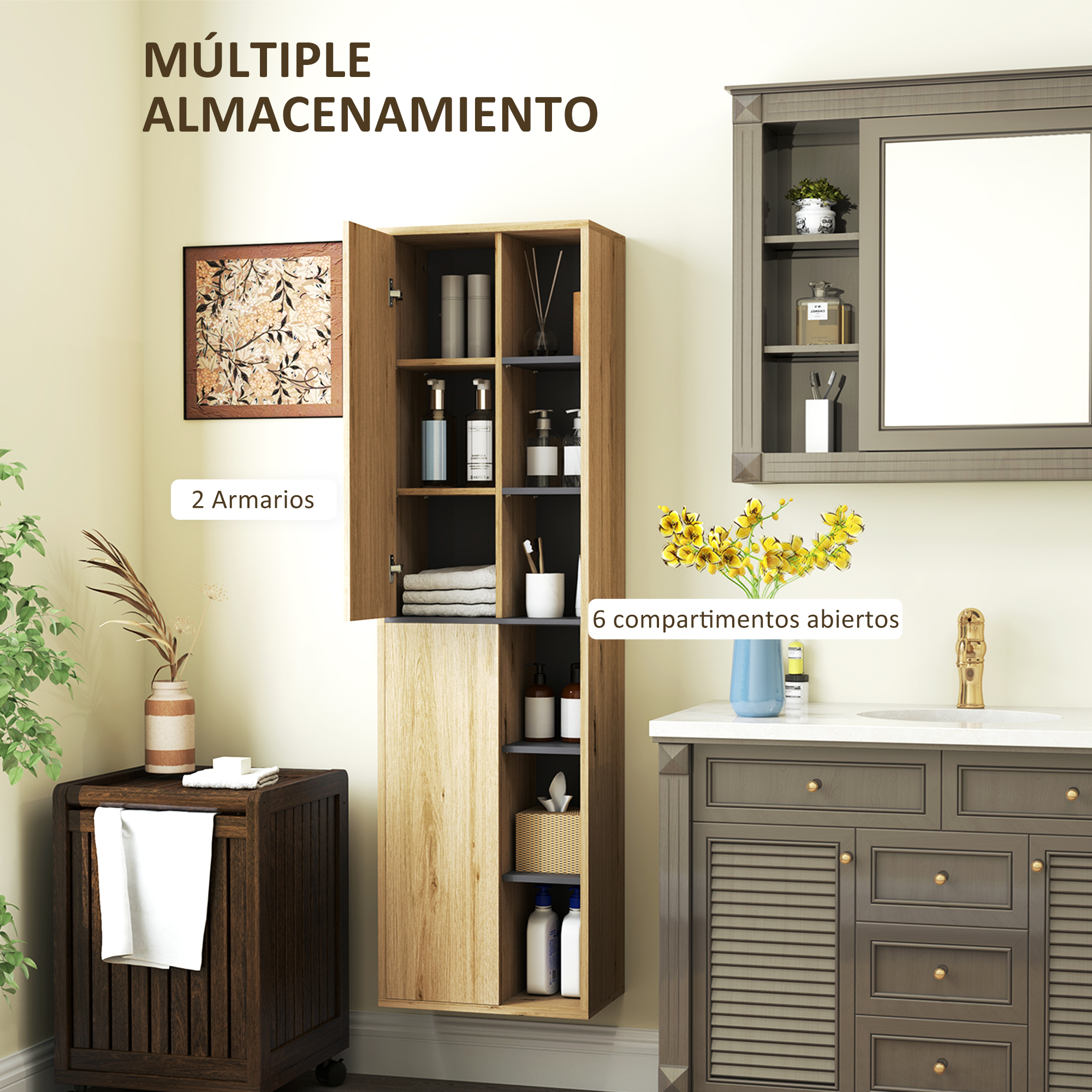 Baño con mueble de madera, espejo y lavabo. Varias soluciones de almacenamiento visibles.