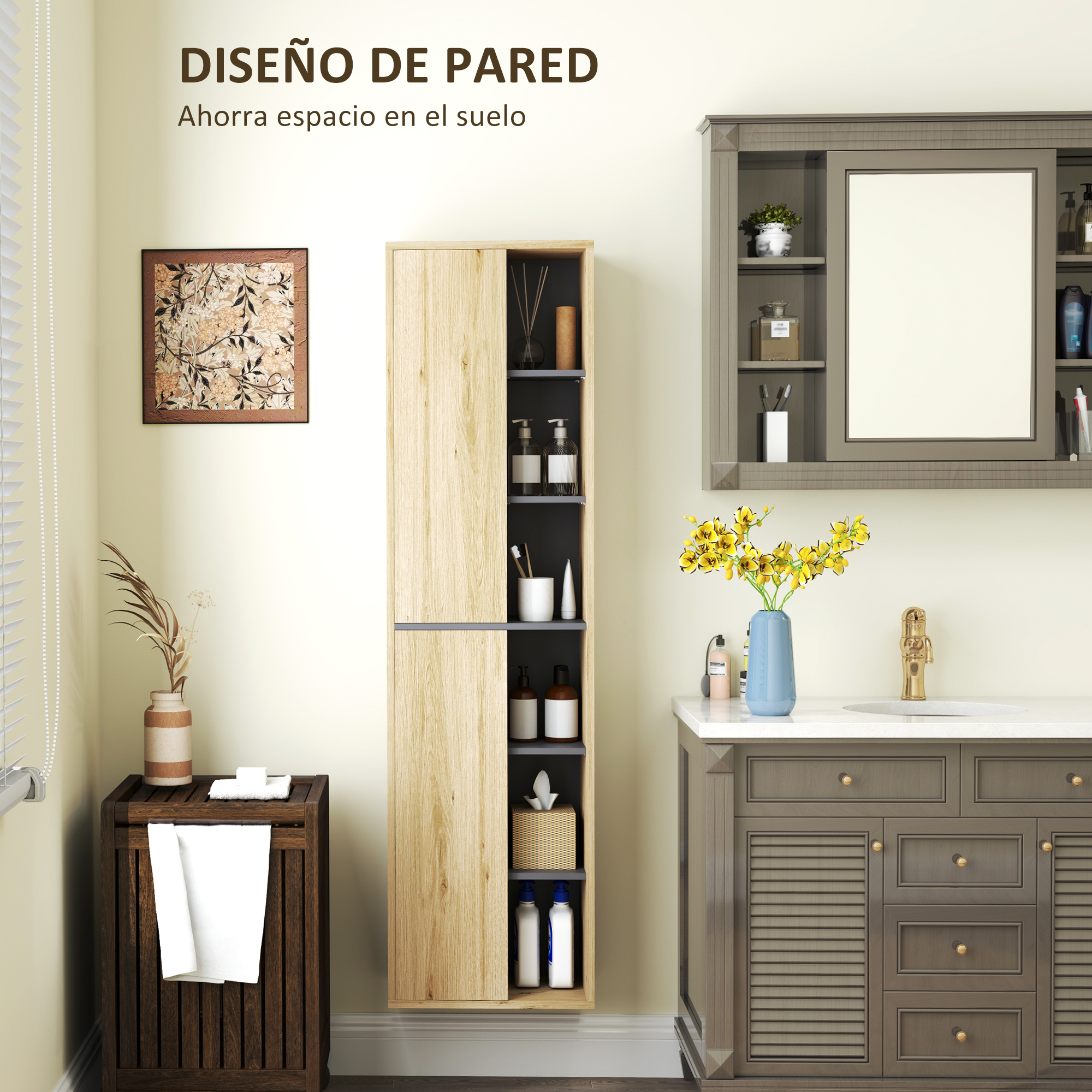 Un baño con un mueble alto de madera, espejo y zona de lavabo.