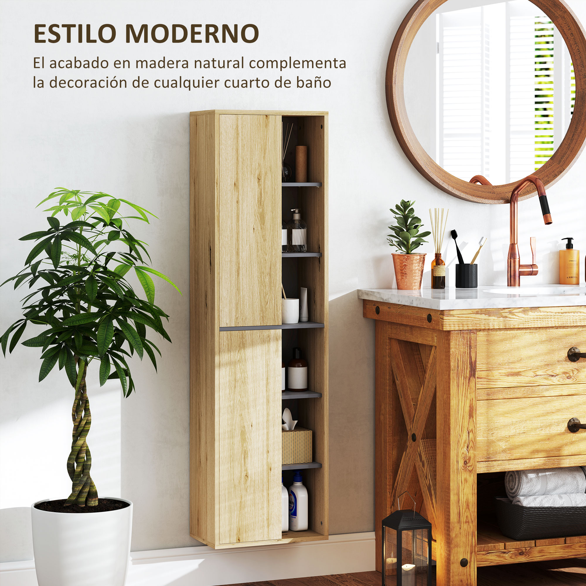 Baño moderno con tocador de madera, espejo, planta y armario.