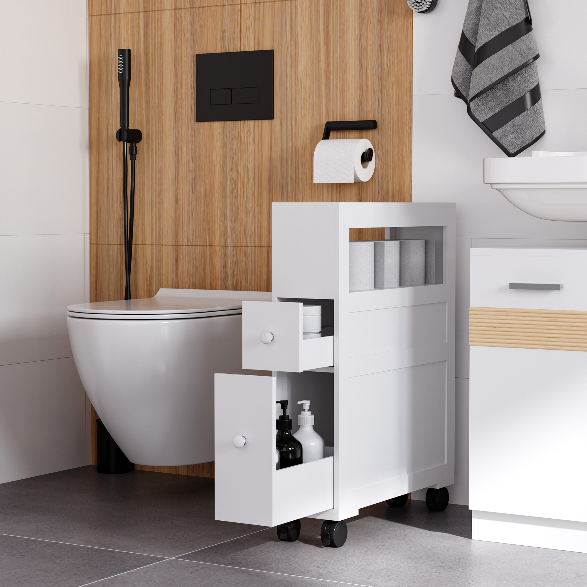 Un baño moderno con inodoro, carrito blanco con ruedas y detalles de madera.