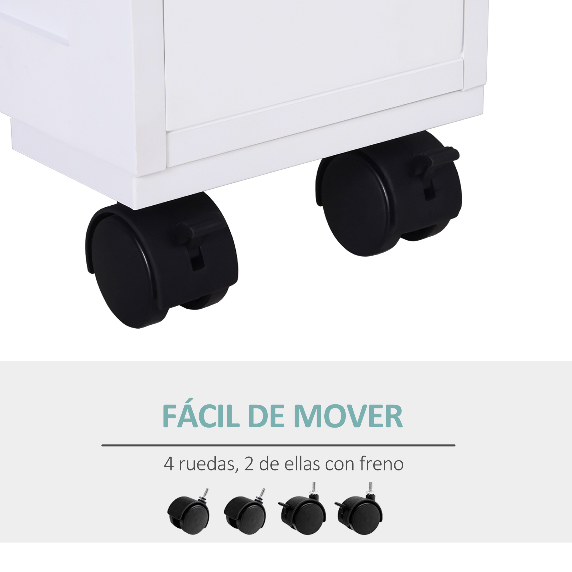 Mueble blanco con cuatro ruedas negras, dos con freno.