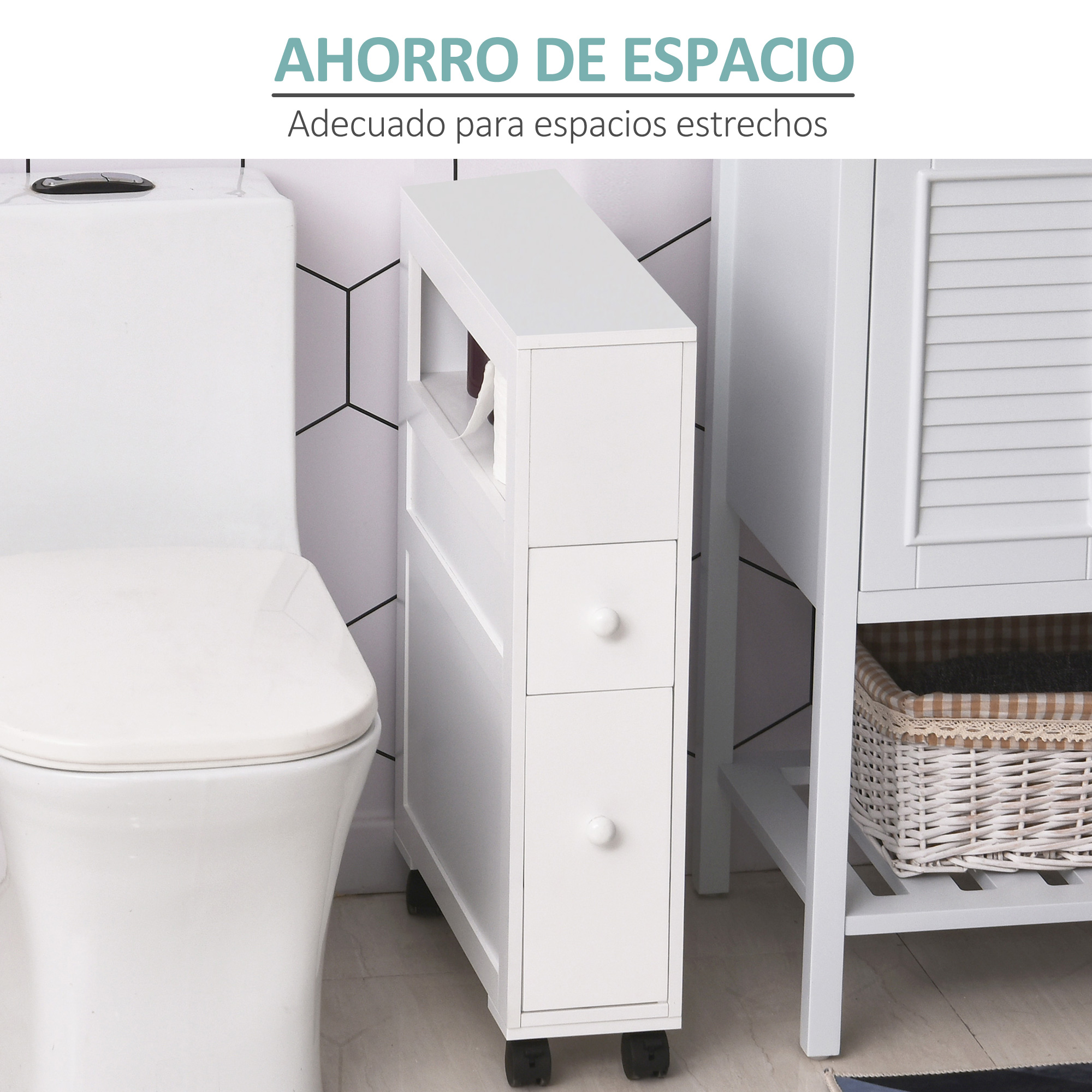Armario blanco estrecho junto a un inodoro y un armario con cesta.