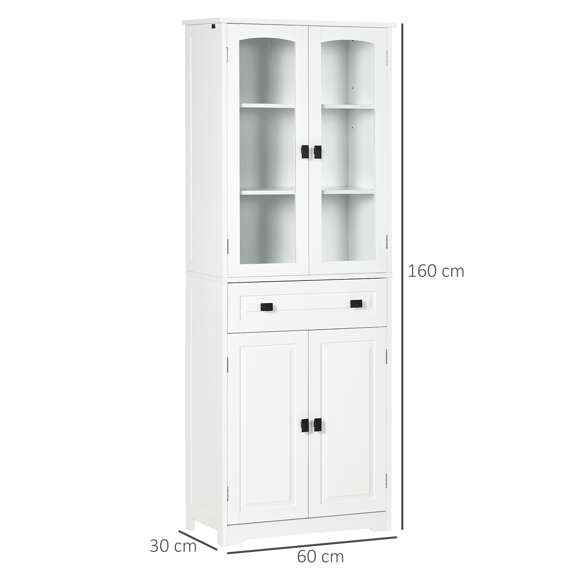 Un mueble alto blanco con puertas de cristal arriba y puertas de madera abajo.