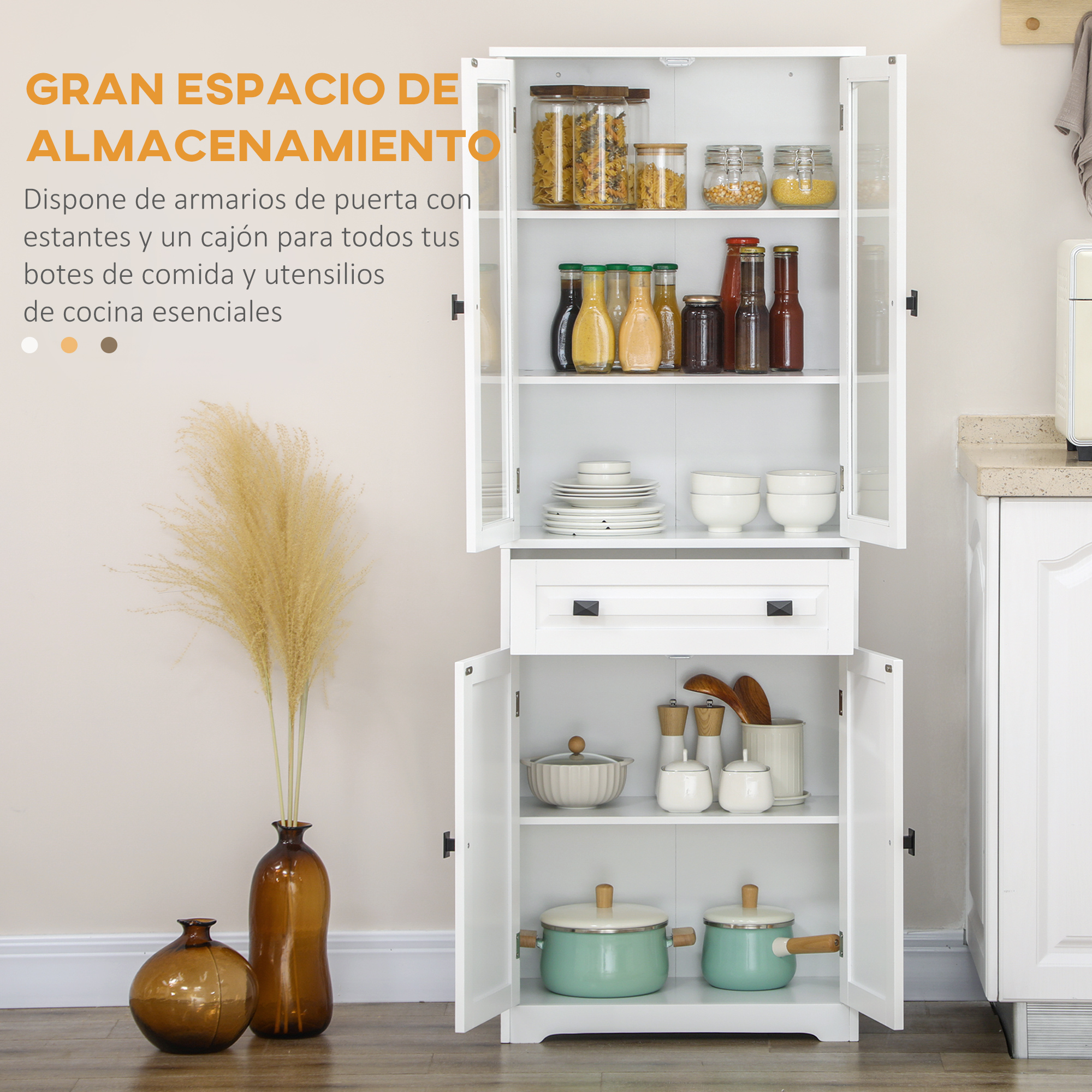 Un armario de cocina blanco con puertas de cristal, lleno de tarros, platos y utensilios.