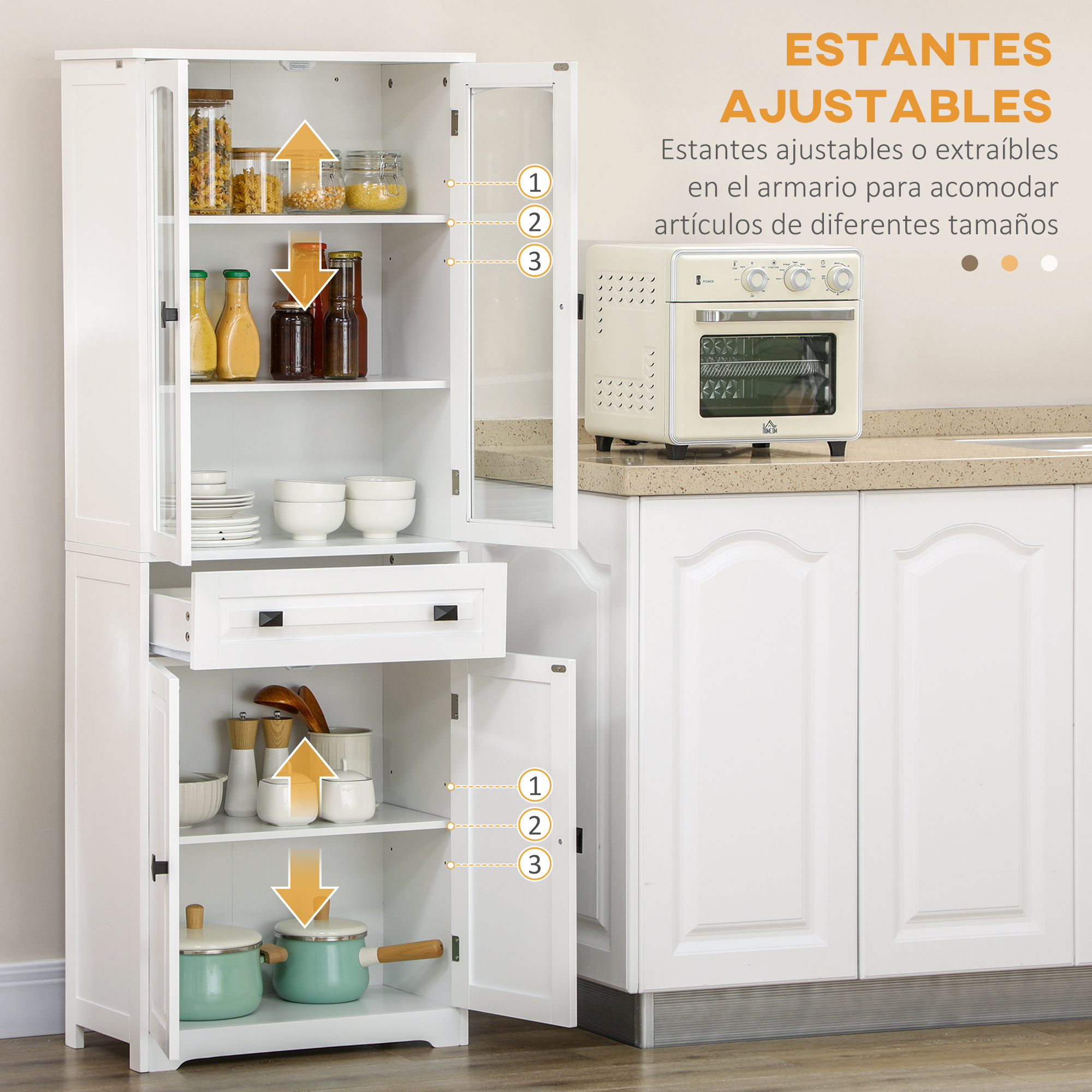 Un mueble de cocina blanco con puertas de cristal, lleno de frascos, cuencos y utensilios.