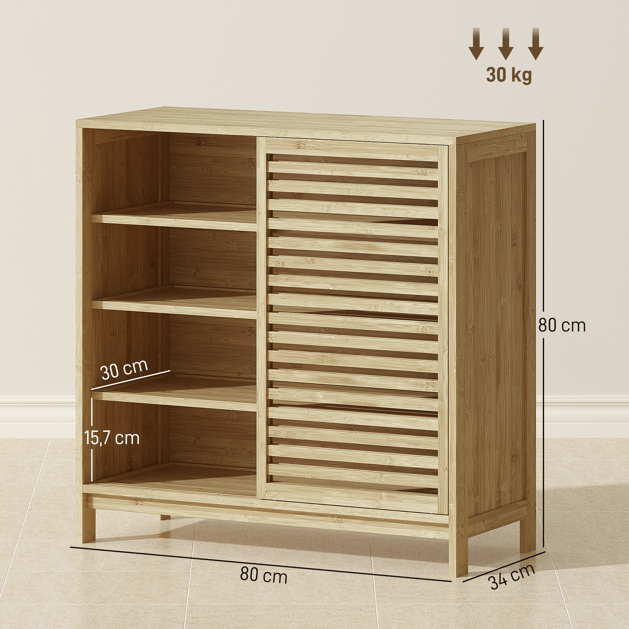 Estantería de bambú marrón con puerta corredera, medidas 80x80x34cm, 30kg.
