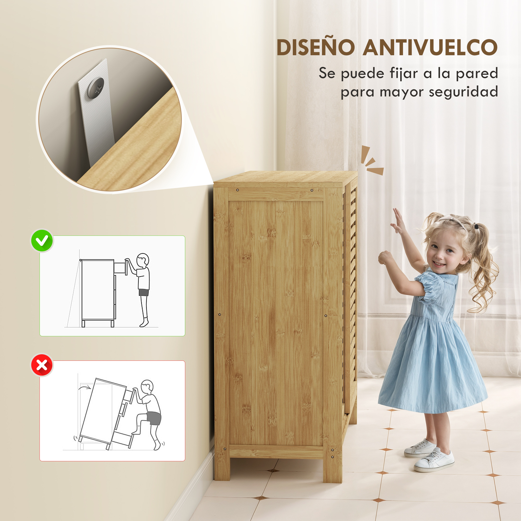 Armario de madera con una niña de azul e instrucciones de seguridad.