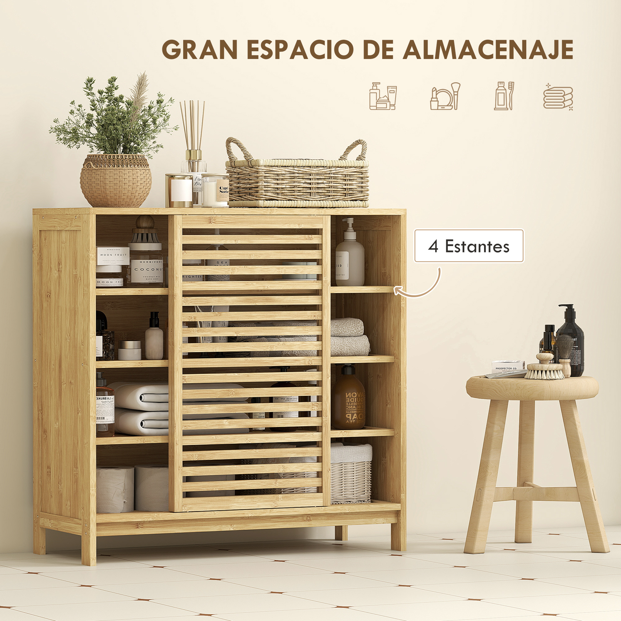 Armario de madera con estantes que contienen productos, junto a un taburete con cepillos.