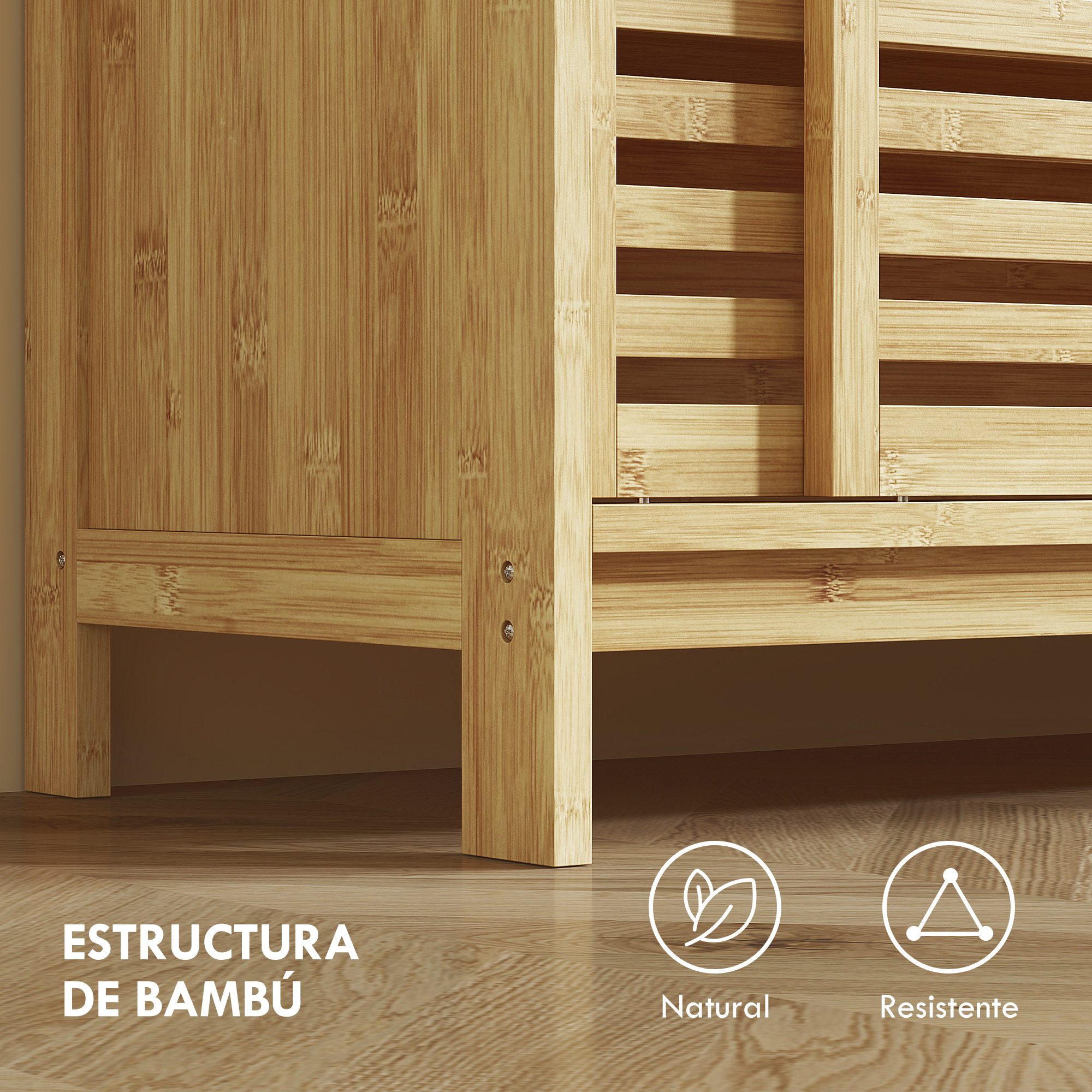 Primer plano de mueble de bambú con veta de madera y iconos de natural y resistente.