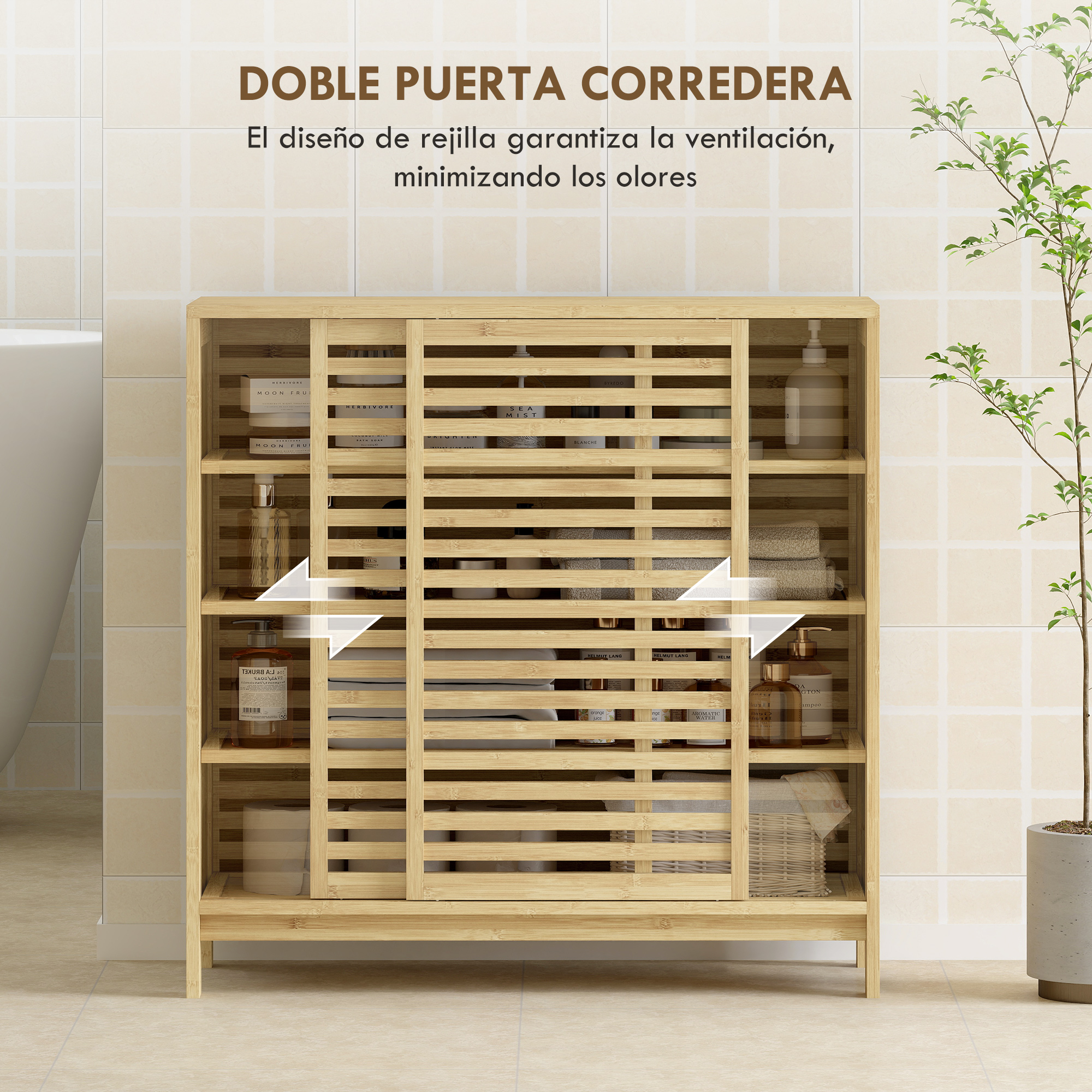 Un armario de madera con puertas de listones, lleno de productos de baño.